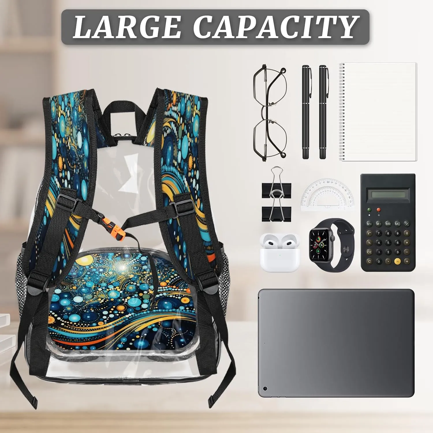 KOBLEN Cosmic Dots Galaxy 17.1 Inch Clear Backpack, Heavy Duty Transparent PVC Daypack with Adjustable Padded Straps, Large Capacity Clear Bag for Festival, Concerts, Travel