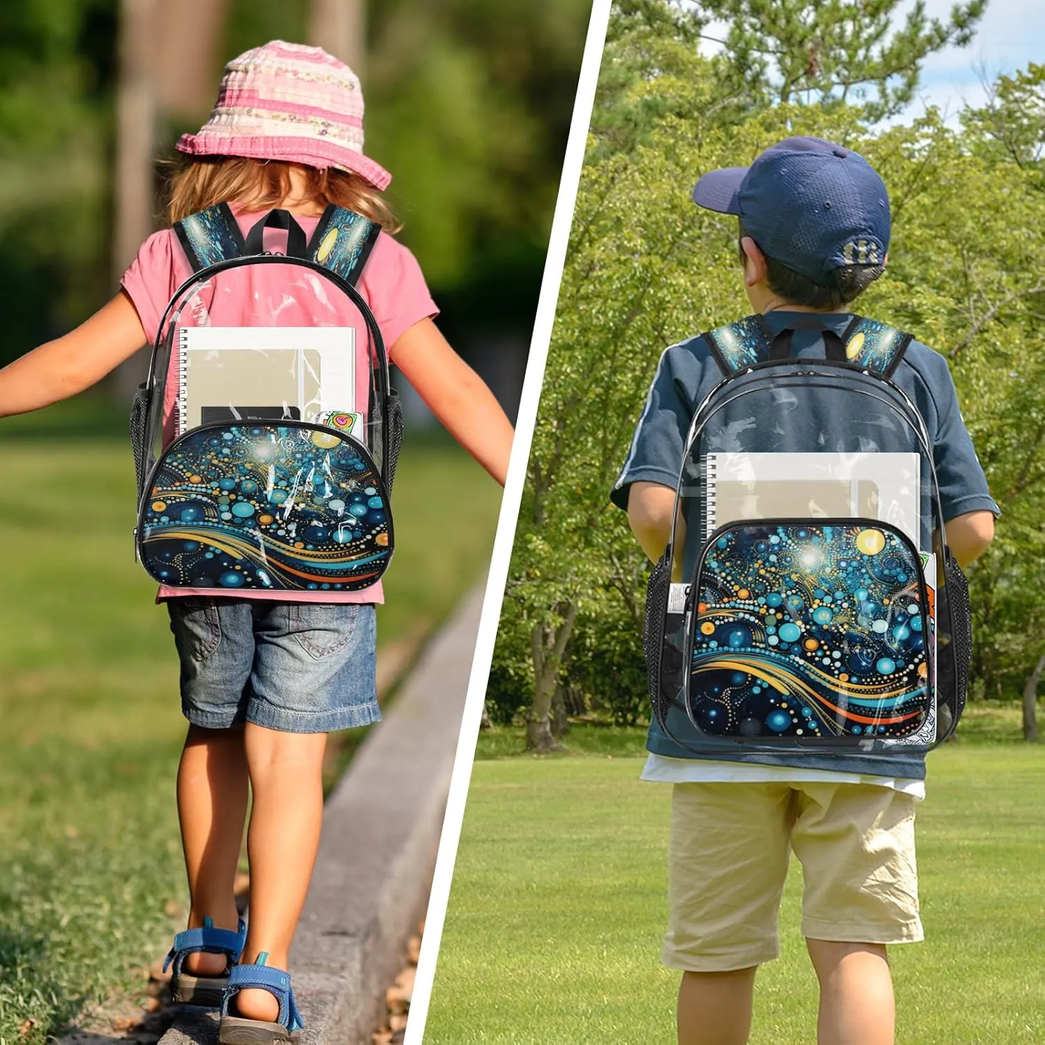 KOBLEN Cosmic Dots Galaxy 17.1 Inch Clear Backpack, Heavy Duty Transparent PVC Daypack with Adjustable Padded Straps, Large Capacity Clear Bag for Festival, Concerts, Travel