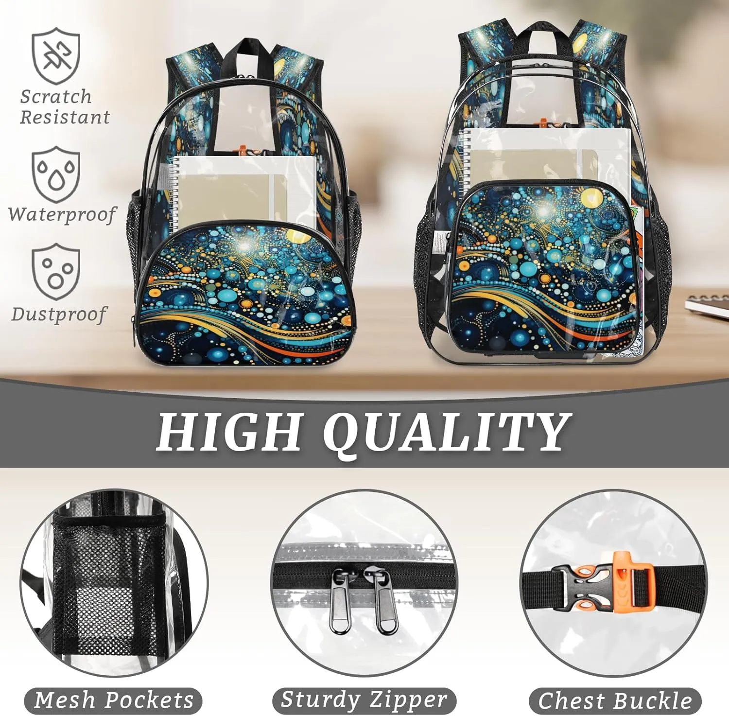 KOBLEN Cosmic Dots Galaxy 17.1 Inch Clear Backpack, Heavy Duty Transparent PVC Daypack with Adjustable Padded Straps, Large Capacity Clear Bag for Festival, Concerts, Travel