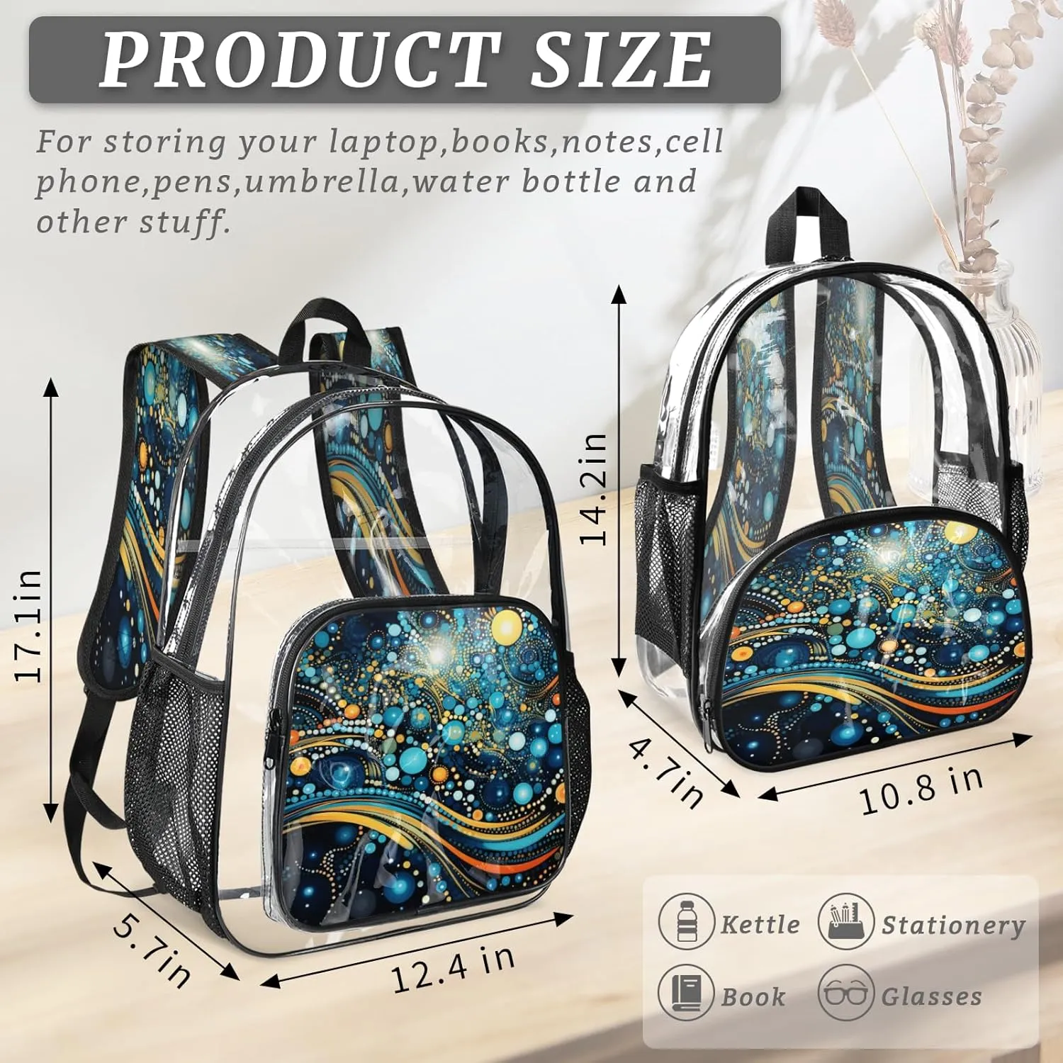 KOBLEN Cosmic Dots Galaxy 17.1 Inch Clear Backpack, Heavy Duty Transparent PVC Daypack with Adjustable Padded Straps, Large Capacity Clear Bag for Festival, Concerts, Travel