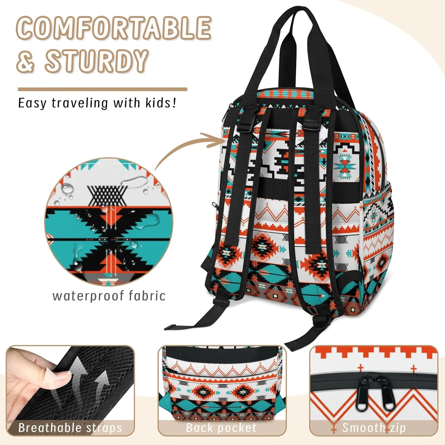 KOBLEN Ethnic Aztec Geometric Diaper Bag Backpack Baby Essentials Travel Tote Bag with Insulated Pockets Multi-functional Diaper Bags Organizer Bag for Women Men