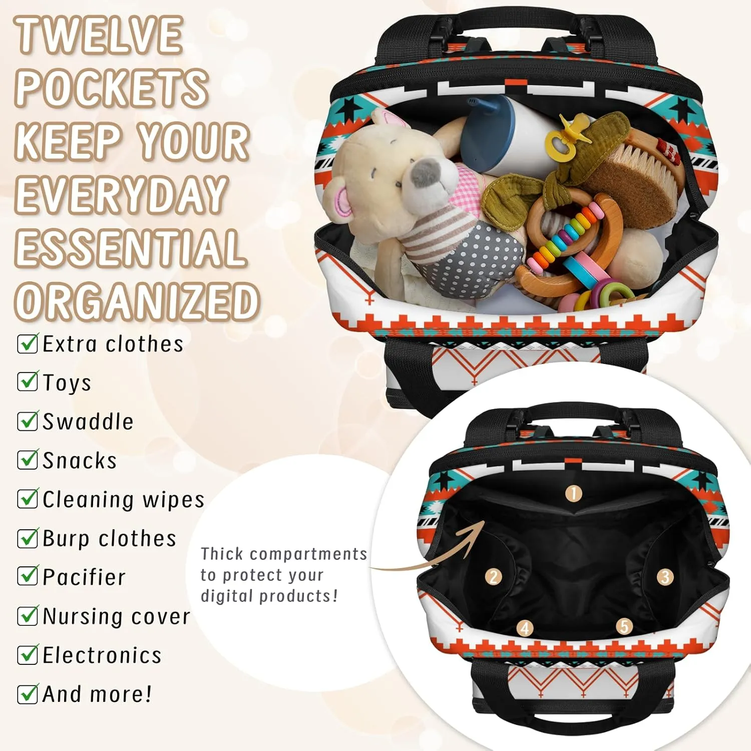 KOBLEN Ethnic Aztec Geometric Diaper Bag Backpack Baby Essentials Travel Tote Bag with Insulated Pockets Multi-functional Diaper Bags Organizer Bag for Women Men