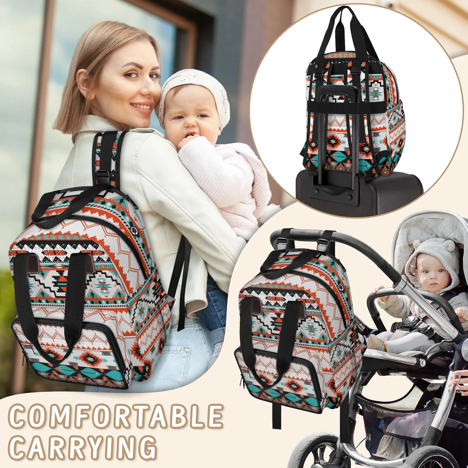KOBLEN Ethnic Aztec Geometric Diaper Bag Backpack Baby Essentials Travel Tote Bag with Insulated Pockets Multi-functional Diaper Bags Organizer Bag for Women Men