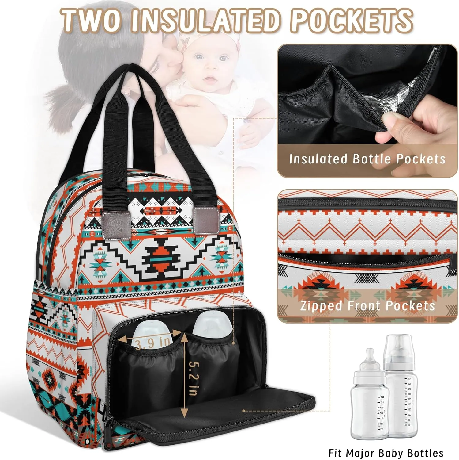 KOBLEN Ethnic Aztec Geometric Diaper Bag Backpack Baby Essentials Travel Tote Bag with Insulated Pockets Multi-functional Diaper Bags Organizer Bag for Women Men