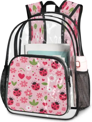 KOBLEN Pink Beetle Hearts 17.1 Inch Clear Backpack, Heavy Duty Transparent PVC Daypack with Adjustable Padded Straps, Large Capacity Clear Bag for Festival, Concerts, Travel