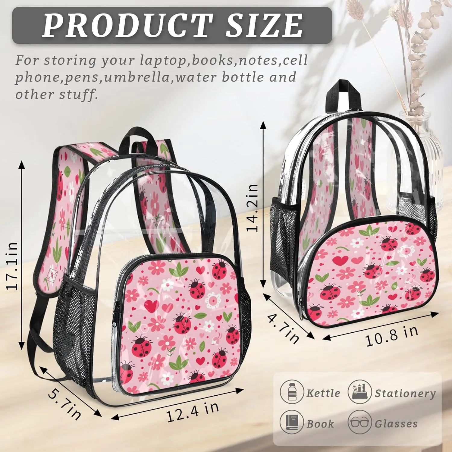KOBLEN Pink Beetle Hearts 17.1 Inch Clear Backpack, Heavy Duty Transparent PVC Daypack with Adjustable Padded Straps, Large Capacity Clear Bag for Festival, Concerts, Travel