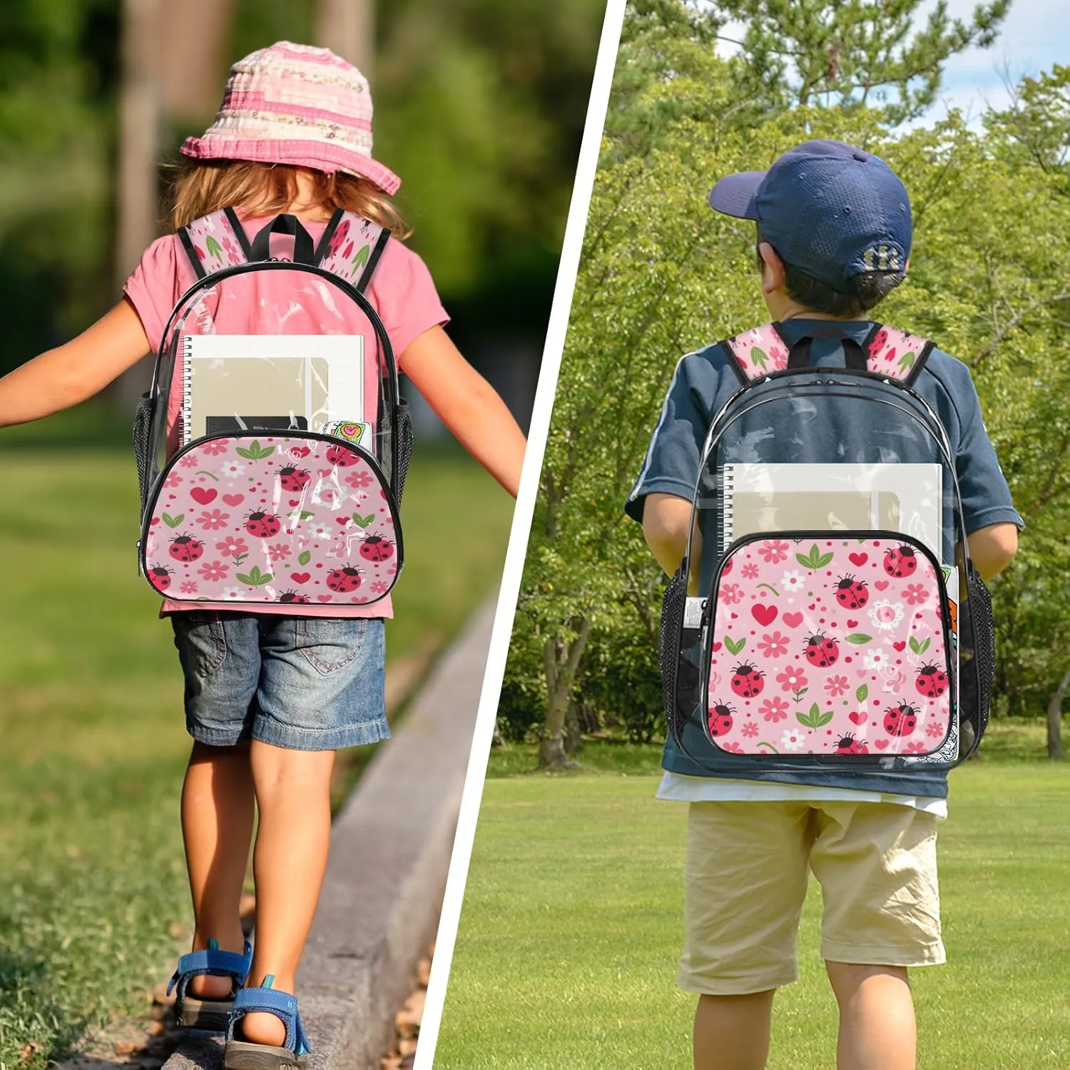 KOBLEN Pink Beetle Hearts 17.1 Inch Clear Backpack, Heavy Duty Transparent PVC Daypack with Adjustable Padded Straps, Large Capacity Clear Bag for Festival, Concerts, Travel