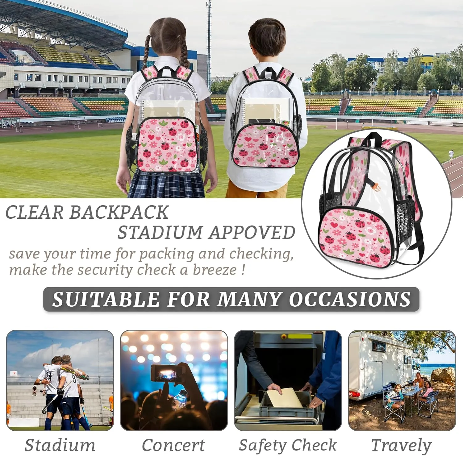 KOBLEN Pink Beetle Hearts 17.1 Inch Clear Backpack, Heavy Duty Transparent PVC Daypack with Adjustable Padded Straps, Large Capacity Clear Bag for Festival, Concerts, Travel
