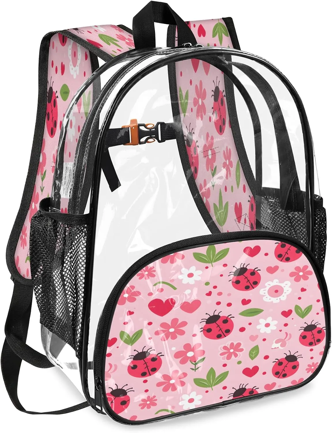 KOBLEN Pink Beetle Hearts 17.1 Inch Clear Backpack, Heavy Duty Transparent PVC Daypack with Adjustable Padded Straps, Large Capacity Clear Bag for Festival, Concerts, Travel