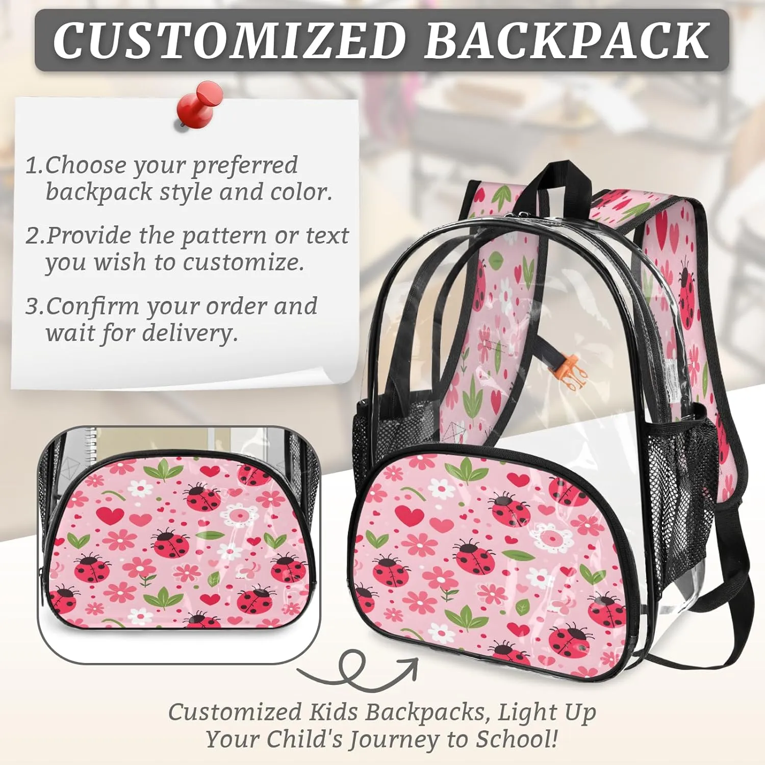 KOBLEN Pink Beetle Hearts 17.1 Inch Clear Backpack, Heavy Duty Transparent PVC Daypack with Adjustable Padded Straps, Large Capacity Clear Bag for Festival, Concerts, Travel