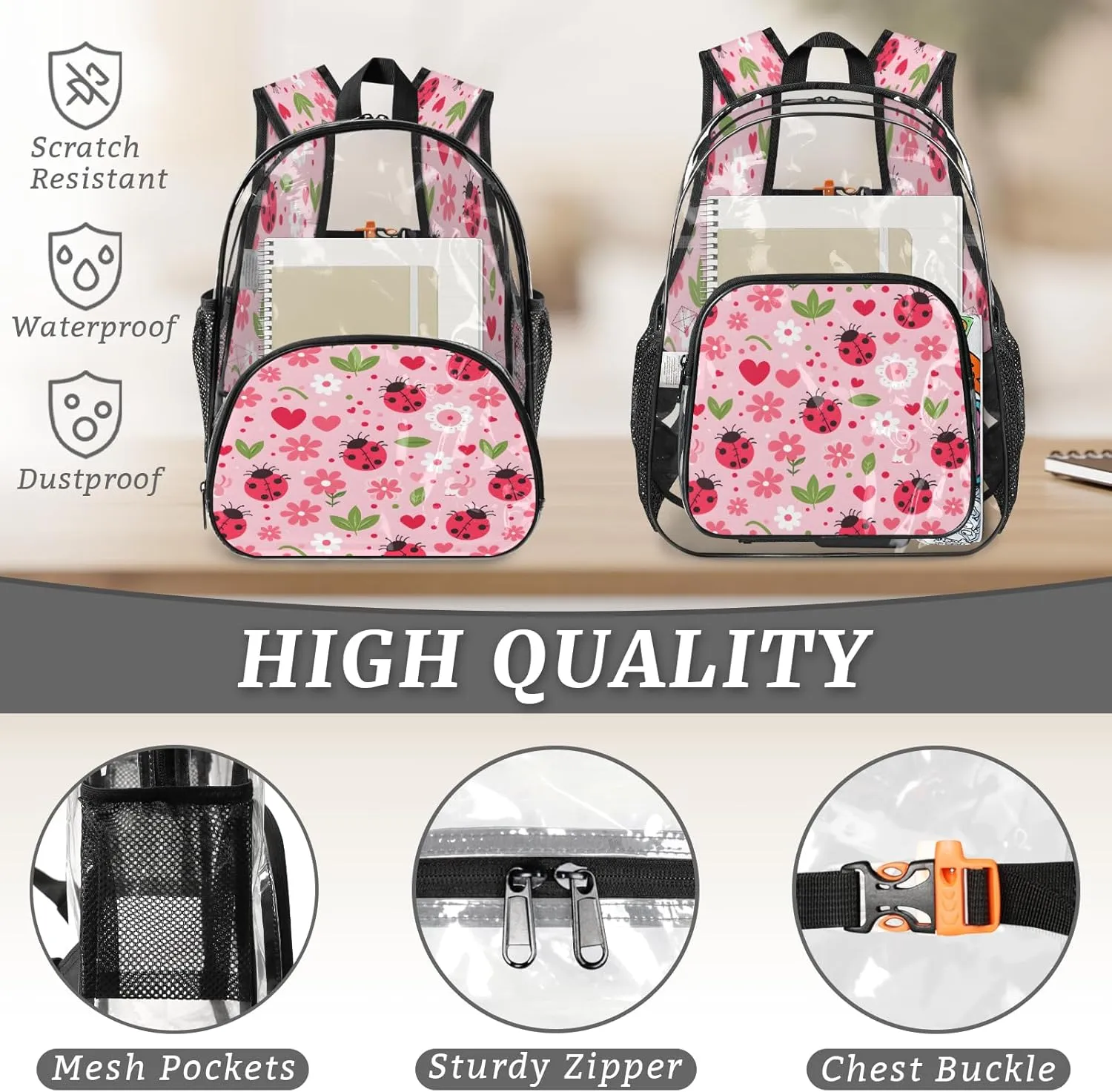 KOBLEN Pink Beetle Hearts 17.1 Inch Clear Backpack, Heavy Duty Transparent PVC Daypack with Adjustable Padded Straps, Large Capacity Clear Bag for Festival, Concerts, Travel