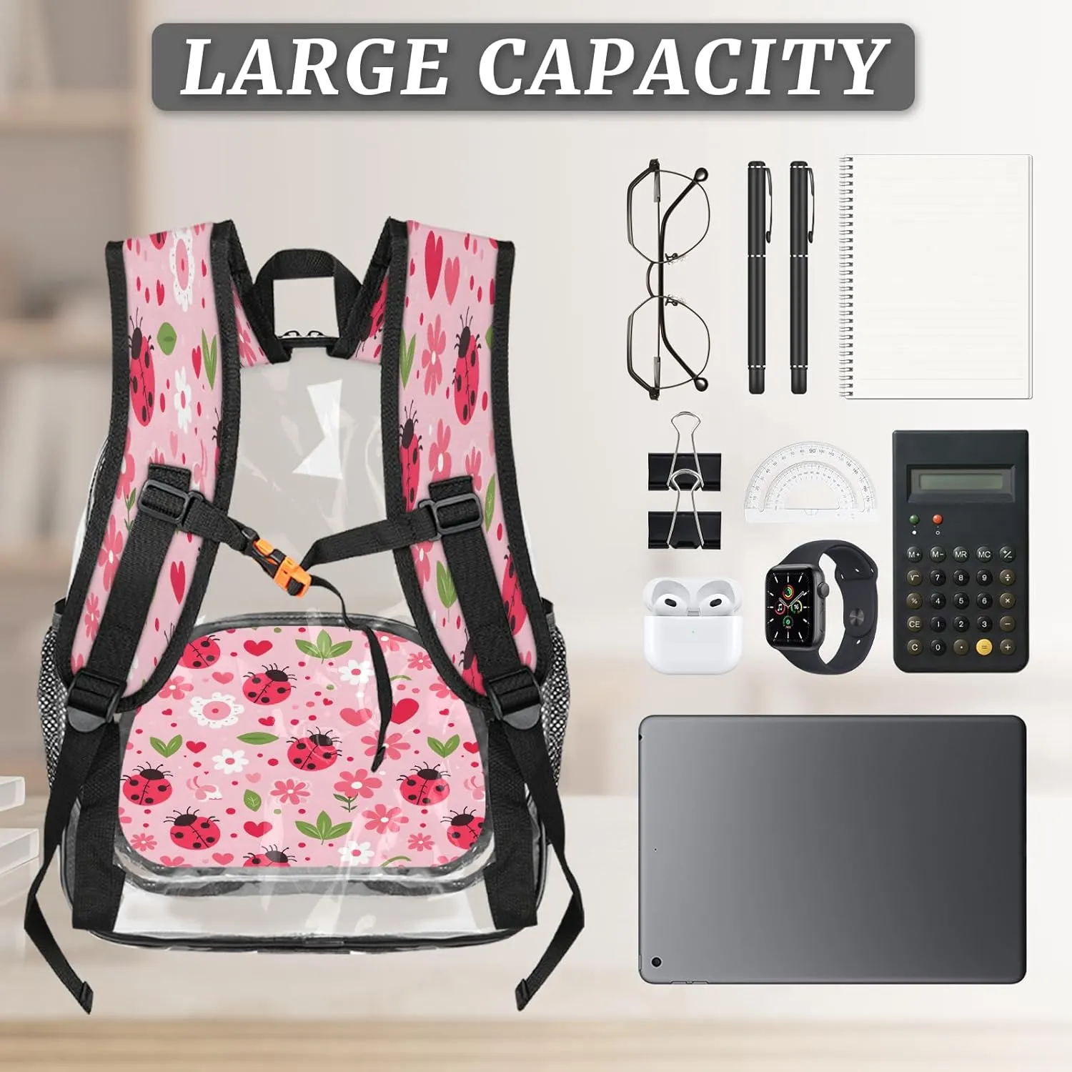KOBLEN Pink Beetle Hearts 17.1 Inch Clear Backpack, Heavy Duty Transparent PVC Daypack with Adjustable Padded Straps, Large Capacity Clear Bag for Festival, Concerts, Travel