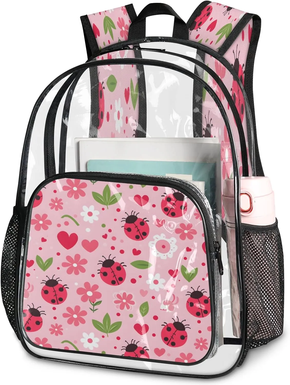 KOBLEN Pink Beetle Hearts 17.1 Inch Clear Backpack, Heavy Duty Transparent PVC Daypack with Adjustable Padded Straps, Large Capacity Clear Bag for Festival, Concerts, Travel