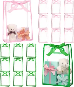 Kolldenn 20 Pcs Green and Pink Plastic Gift Bags with Handles 7 x 10 x 3.15 '' Witch Party Favor Reusable PVC Clear Gift Bags with Ribbon Bow for Wedding Bridal Shower Baby Shower Birthday Party Favor