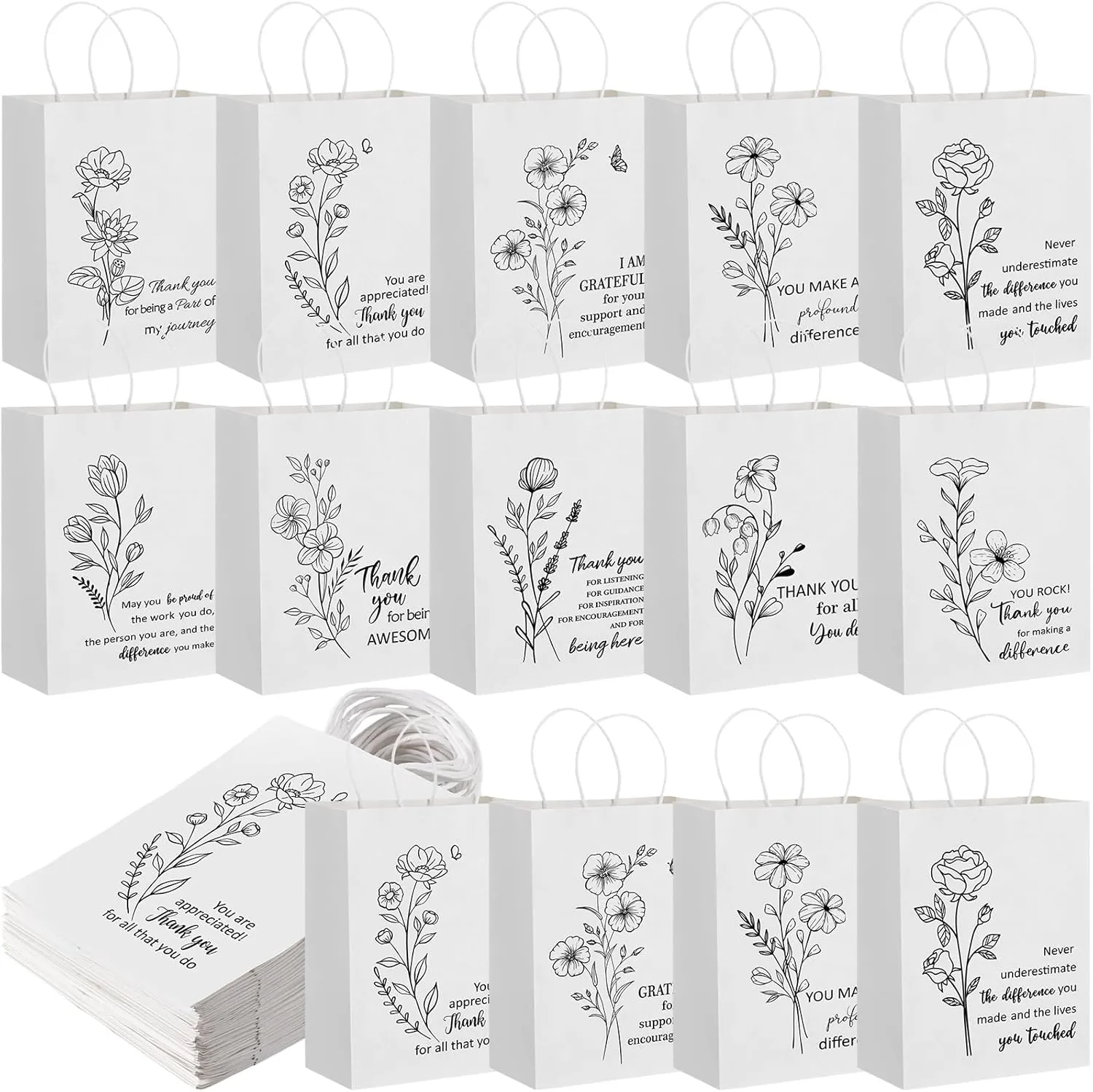 Kolldenn 50 Pcs Thank You Gifts Bags Employee Appreciation Pape Bags Bulk 8.27x4.33x10.63 '' for Teachers Administrative Professionals Day Volunteer Week Nurse CNA Week Inspirational Gift(White)