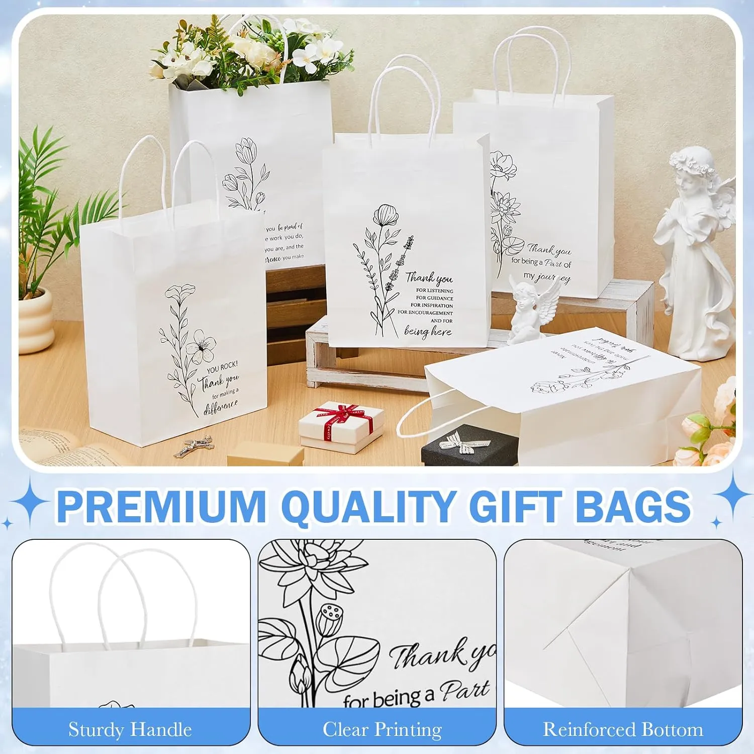 Kolldenn 50 Pcs Thank You Gifts Bags Employee Appreciation Pape Bags Bulk 8.27x4.33x10.63 '' for Teachers Administrative Professionals Day Volunteer Week Nurse CNA Week Inspirational Gift(White)