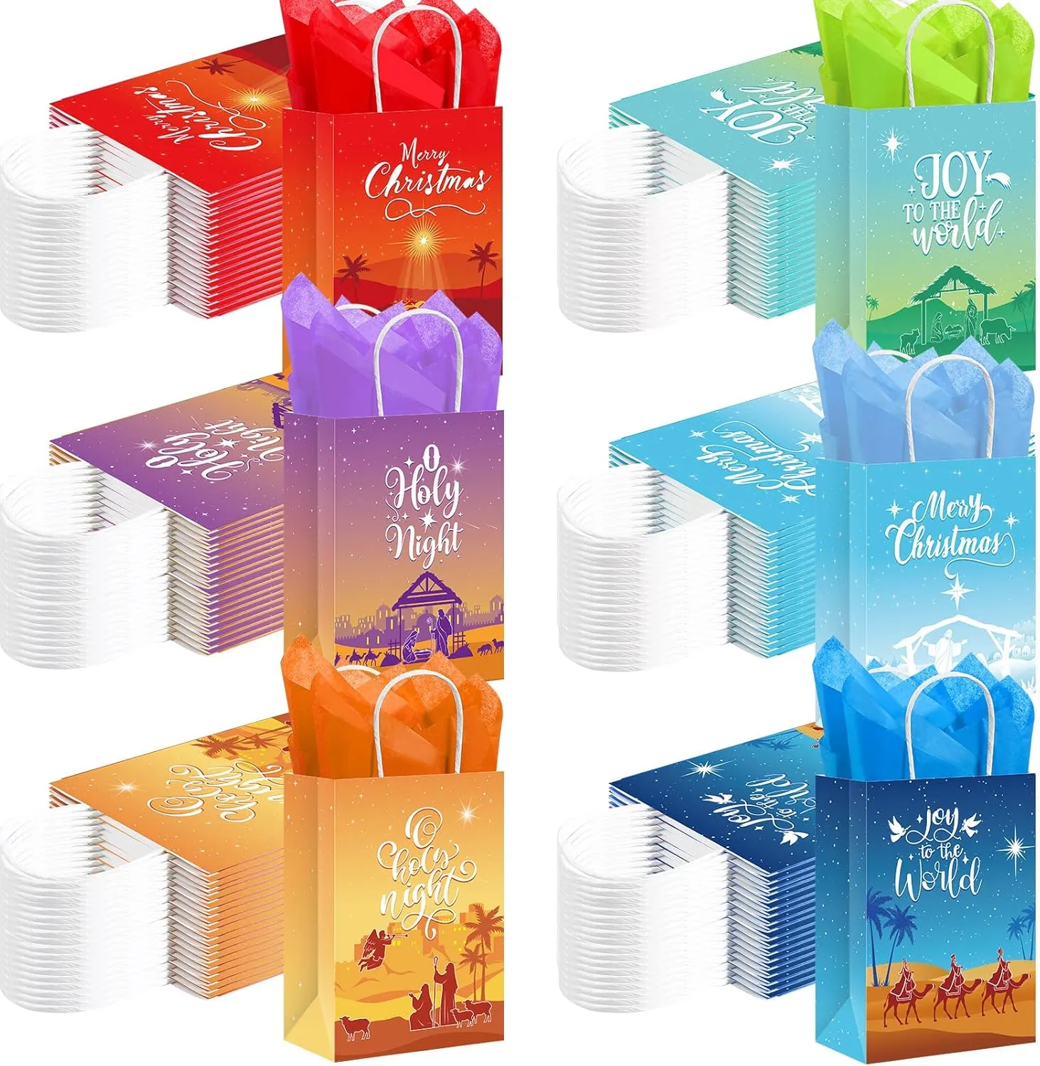 Kolldenn Christmas Nativity Gift Bags with Tissue Paper Goodie Present Bags with Handles Merry Christmas Treat Bags for Holy Night Decoration Religious Holiday Festival Party Decoration (48 Pcs)