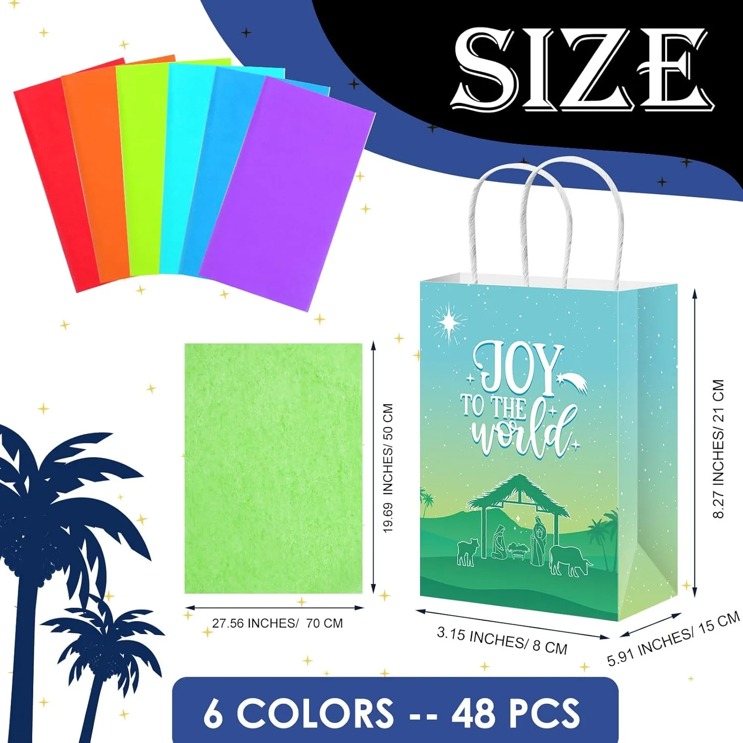 Kolldenn Christmas Nativity Gift Bags with Tissue Paper Goodie Present Bags with Handles Merry Christmas Treat Bags for Holy Night Decoration Religious Holiday Festival Party Decoration (48 Pcs)