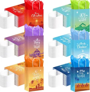 Kolldenn Christmas Nativity Gift Bags with Tissue Paper Goodie Present Bags with Handles Merry Christmas Treat Bags for Holy Night Decoration Religious Holiday Festival Party Decoration (48 Pcs)
