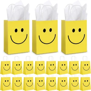 Kosiz 50 Sets Smile Face Gift Bags Yellow Gift Bags with Handles Goodie Bag for Kid Happy Face Paper Bag with Tissue Paper for Bachelorette Baby Shower Birthday Party Favor, 5.91 x 3.15 x 8.27 Inch