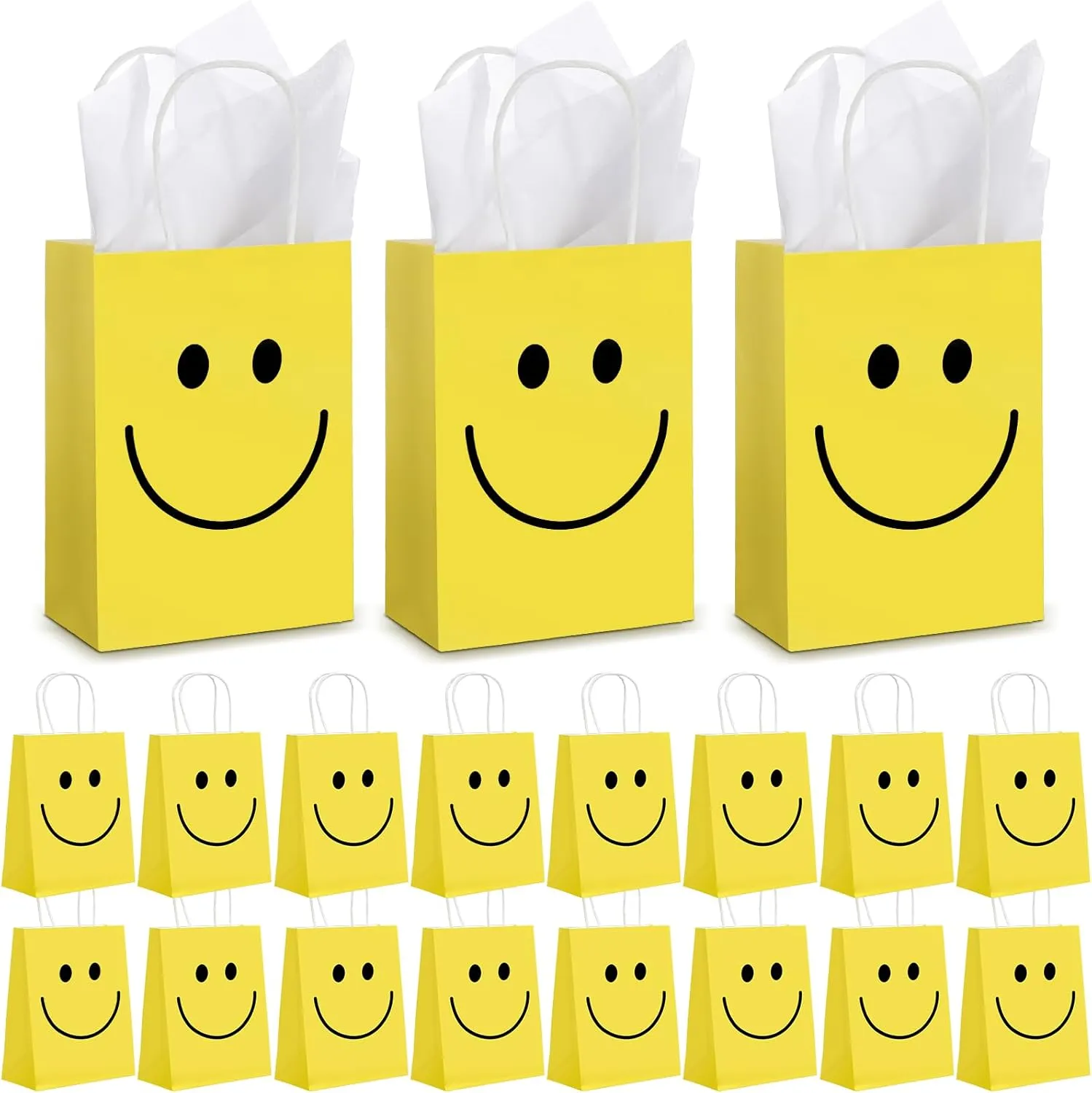 Kosiz 50 Sets Smile Face Gift Bags Yellow Gift Bags with Handles Goodie Bag for Kid Happy Face Paper Bag with Tissue Paper for Bachelorette Baby Shower Birthday Party Favor, 5.91 x 3.15 x 8.27 Inch