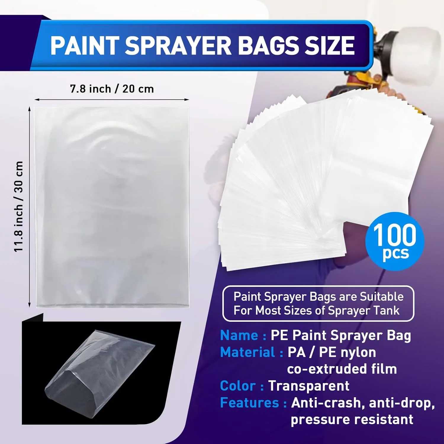 KOTESLLOE Paint Sprayer Parts, 100 Pcs Paint Sprayer Bags, 7.8'' X 11.8'' Sprayer Cup Liners, Transparent Spray Gun Cup Canister Liners for Wagner Paint Sprayer