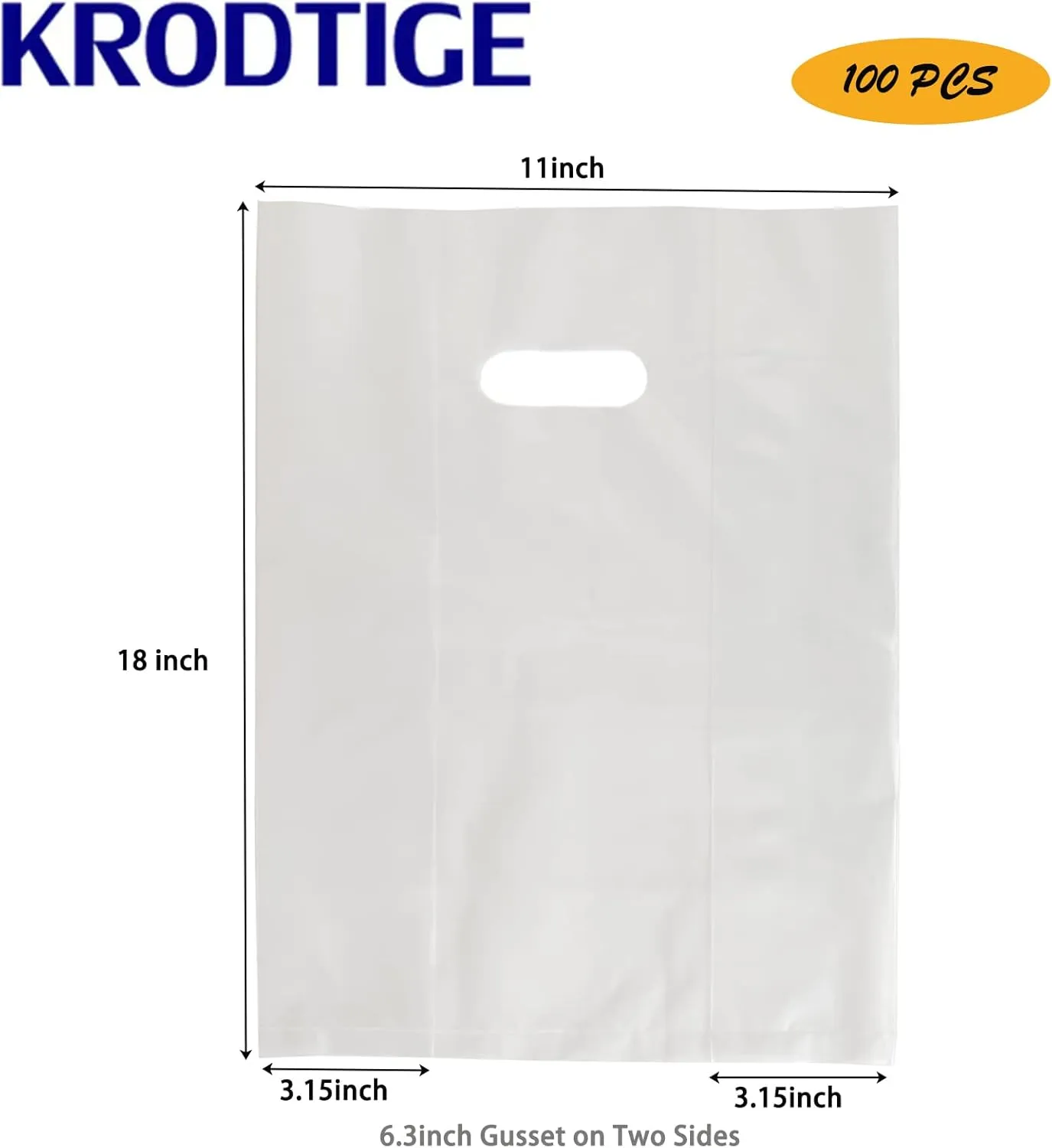Krodtige 100 Pcs 11x18 Inches 3 Mil Thick Clear Plastic Merchandise Shopping Bags with Die Cut Handles and Gusset,Perfect for Retail, Small Business,Gift,Boutique,Take Out,Cake Shop