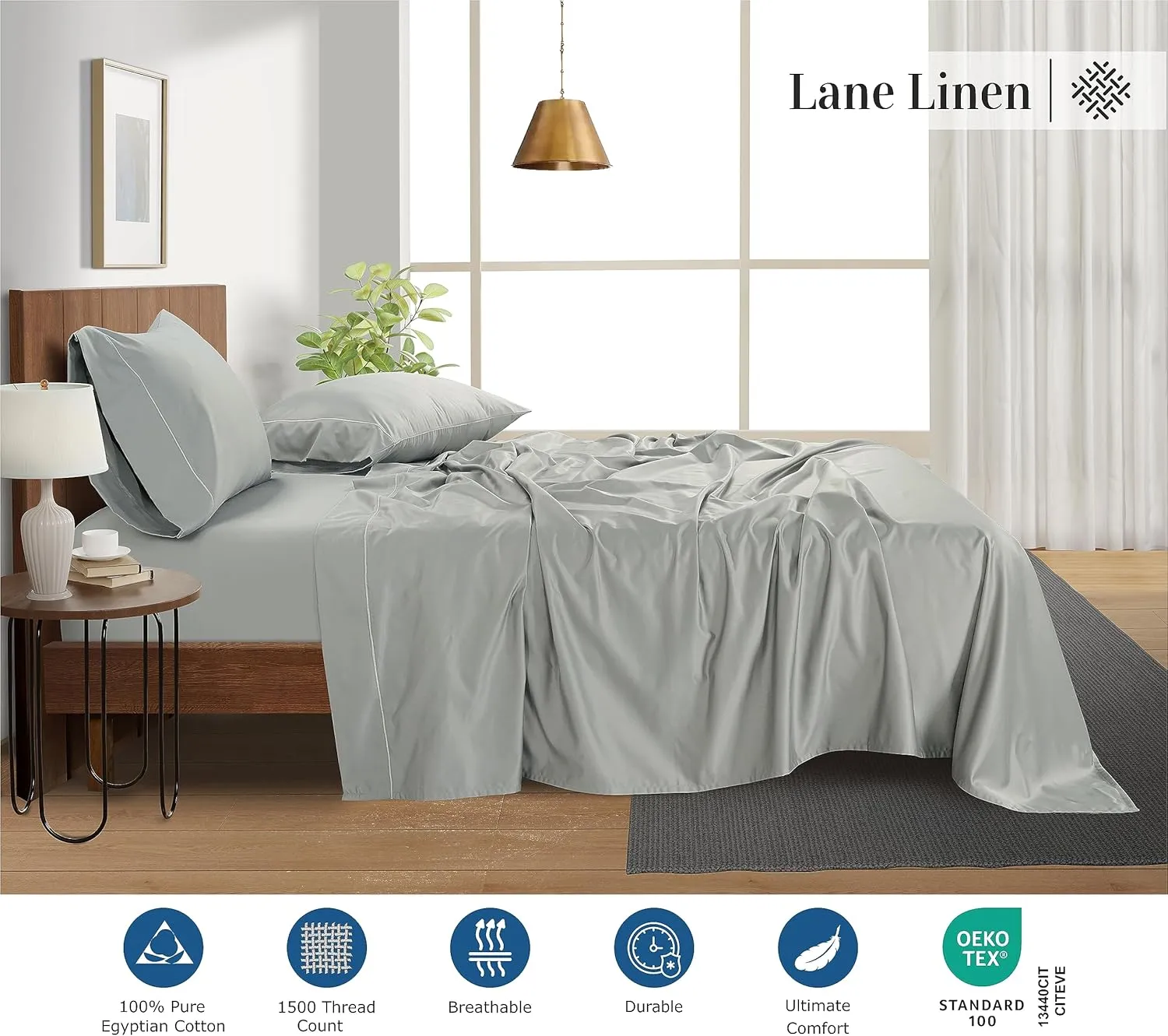 LANE LINEN 100% Egyptian Cotton King Split Sheets for Adjustable Bed - 1500 Thread Count, 4 Piece Set - Hotel King Split Sheet Set - Luxury Sateen Weave Cotton Sheets Set - Mineral