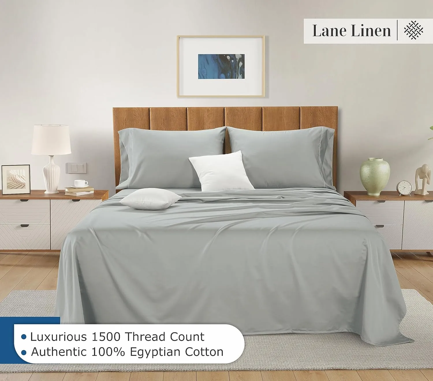 LANE LINEN 100% Egyptian Cotton King Split Sheets for Adjustable Bed - 1500 Thread Count, 4 Piece Set - Hotel King Split Sheet Set - Luxury Sateen Weave Cotton Sheets Set - Mineral