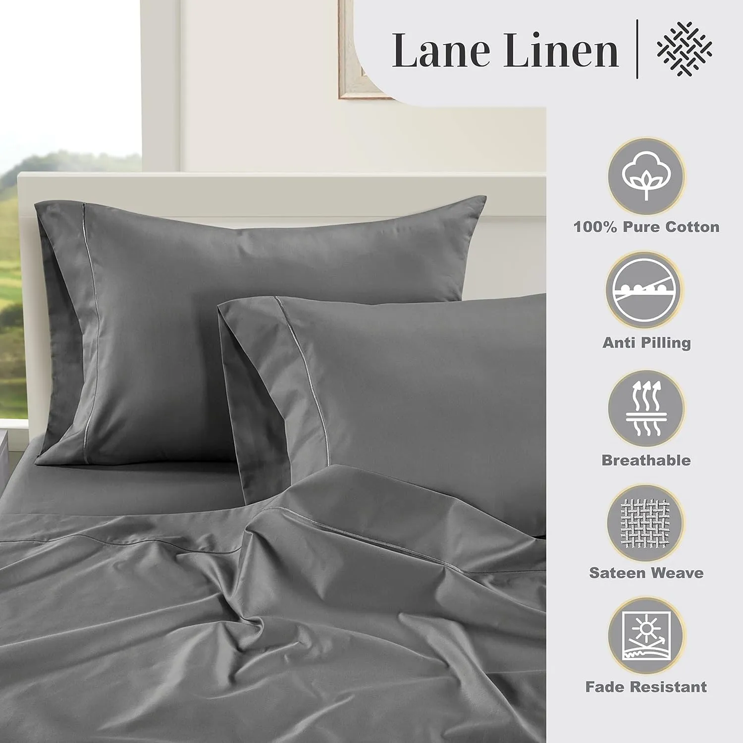 LANE LINEN 100% Egyptian Cotton Queen Sheet Set – Soft & Comfy, No Pill, Fade Resistant, Oeko-Tex Certified, Sustainably Produced, 16" Extra Deep Pocket Bed Sheets – Charcoal
