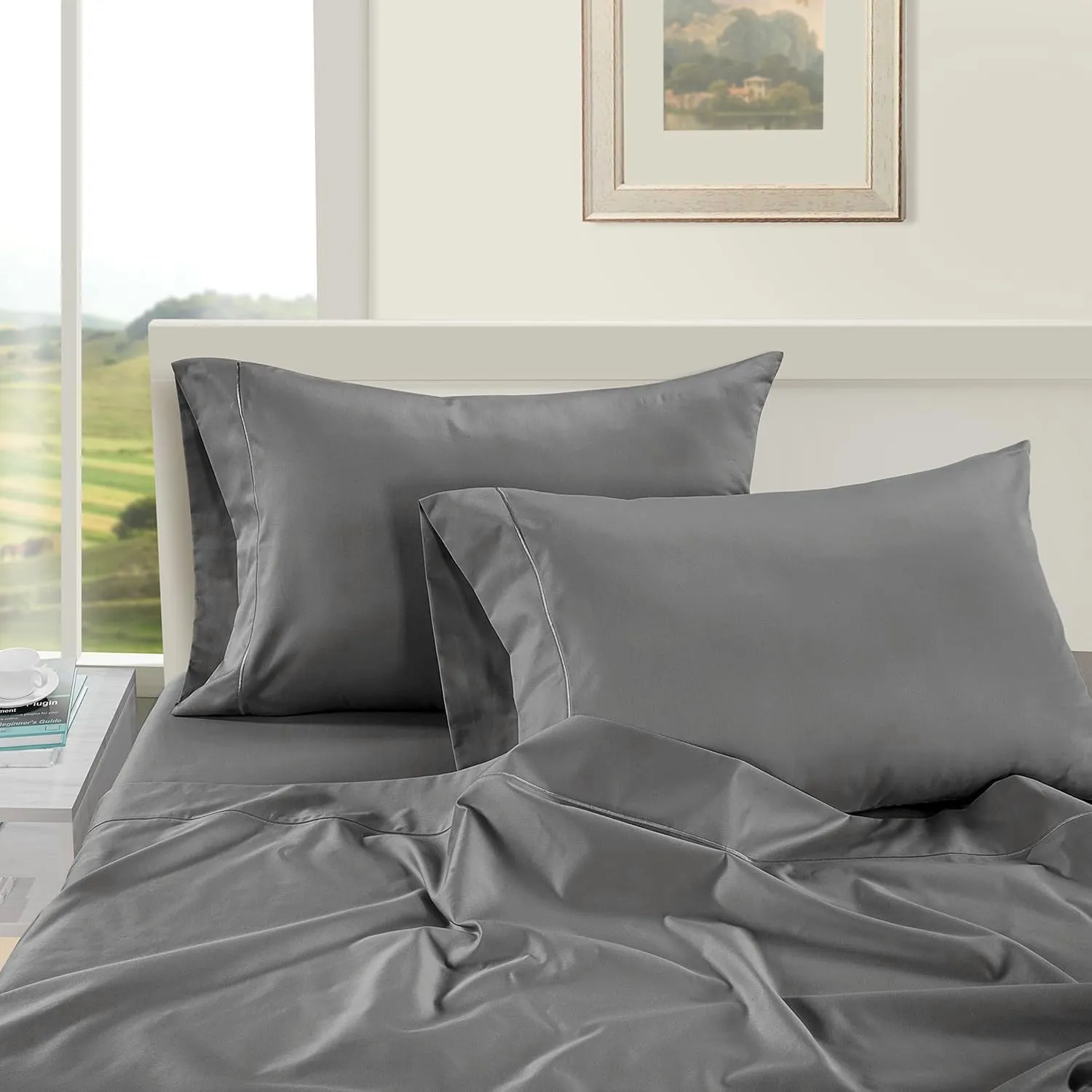 LANE LINEN 100% Egyptian Cotton Queen Sheet Set – Soft & Comfy, No Pill, Fade Resistant, Oeko-Tex Certified, Sustainably Produced, 16" Extra Deep Pocket Bed Sheets – Charcoal
