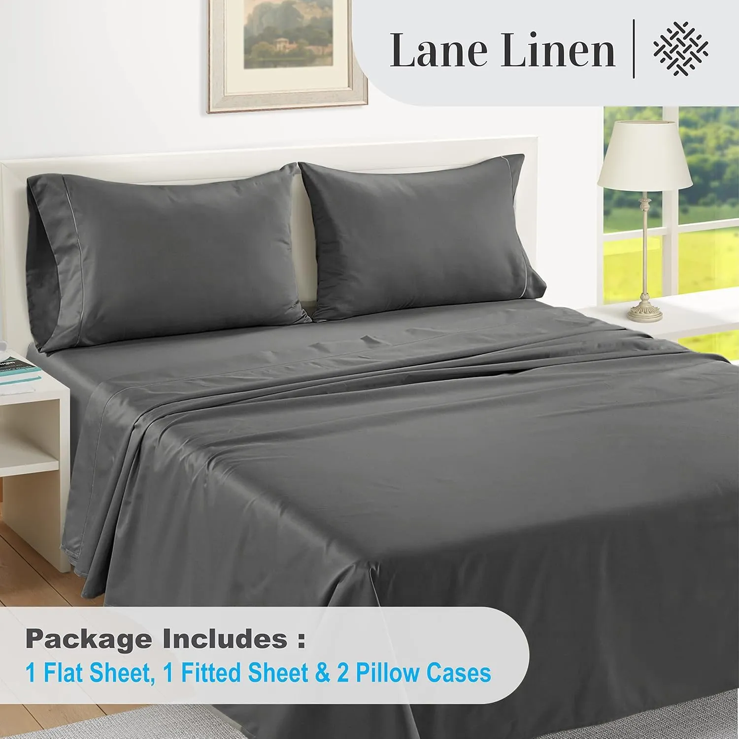LANE LINEN 100% Egyptian Cotton Queen Sheet Set – Soft & Comfy, No Pill, Fade Resistant, Oeko-Tex Certified, Sustainably Produced, 16" Extra Deep Pocket Bed Sheets – Charcoal