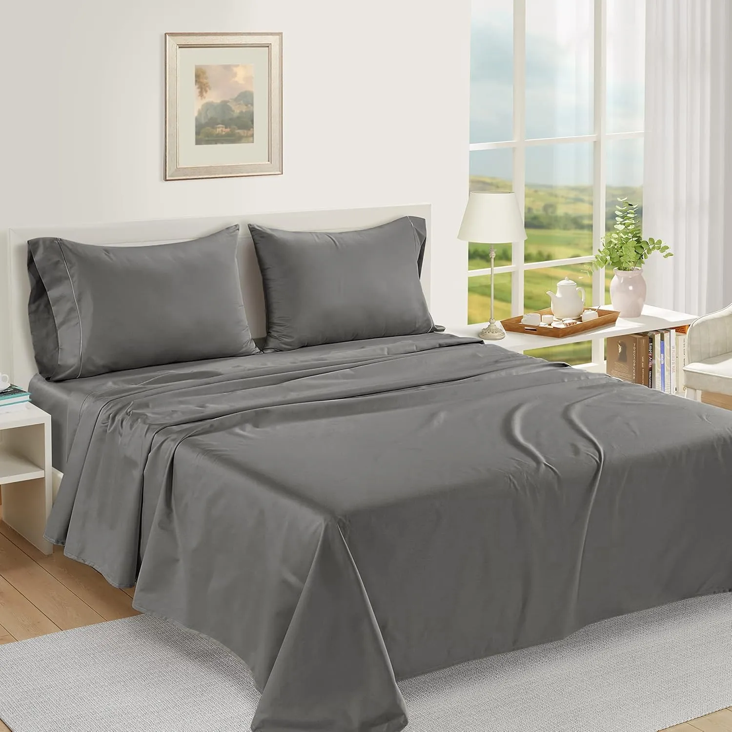 LANE LINEN 100% Egyptian Cotton Queen Sheet Set – Soft & Comfy, No Pill, Fade Resistant, Oeko-Tex Certified, Sustainably Produced, 16" Extra Deep Pocket Bed Sheets – Charcoal