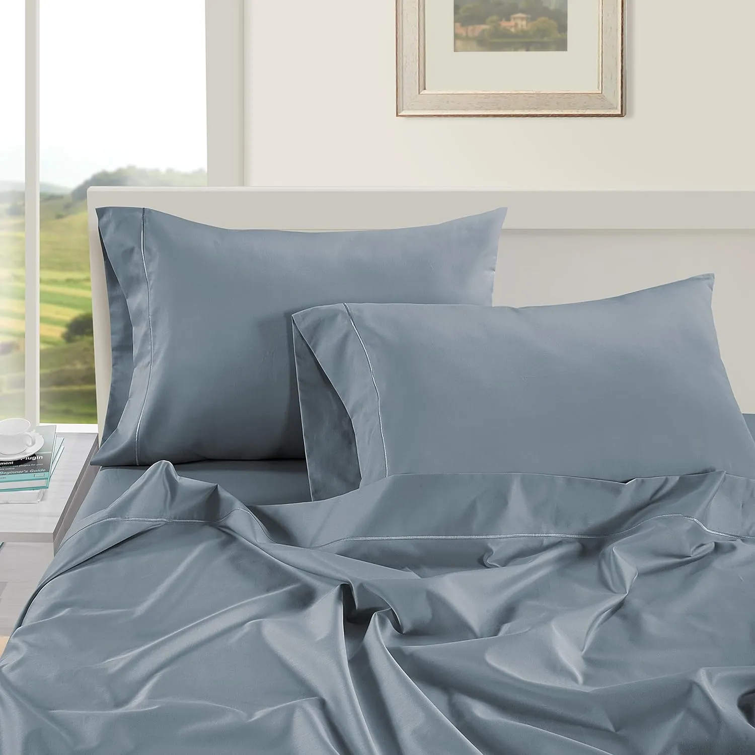 LANE LINEN 100% Egyptian Cotton Ultra Soft Queen Size Sheets Set, Mercerized Silky Sateen Weave, Fully Elasticized Fitted Sheet with French Seam, Hotel Quality Thick Luxury Bed Sheets –French Blue