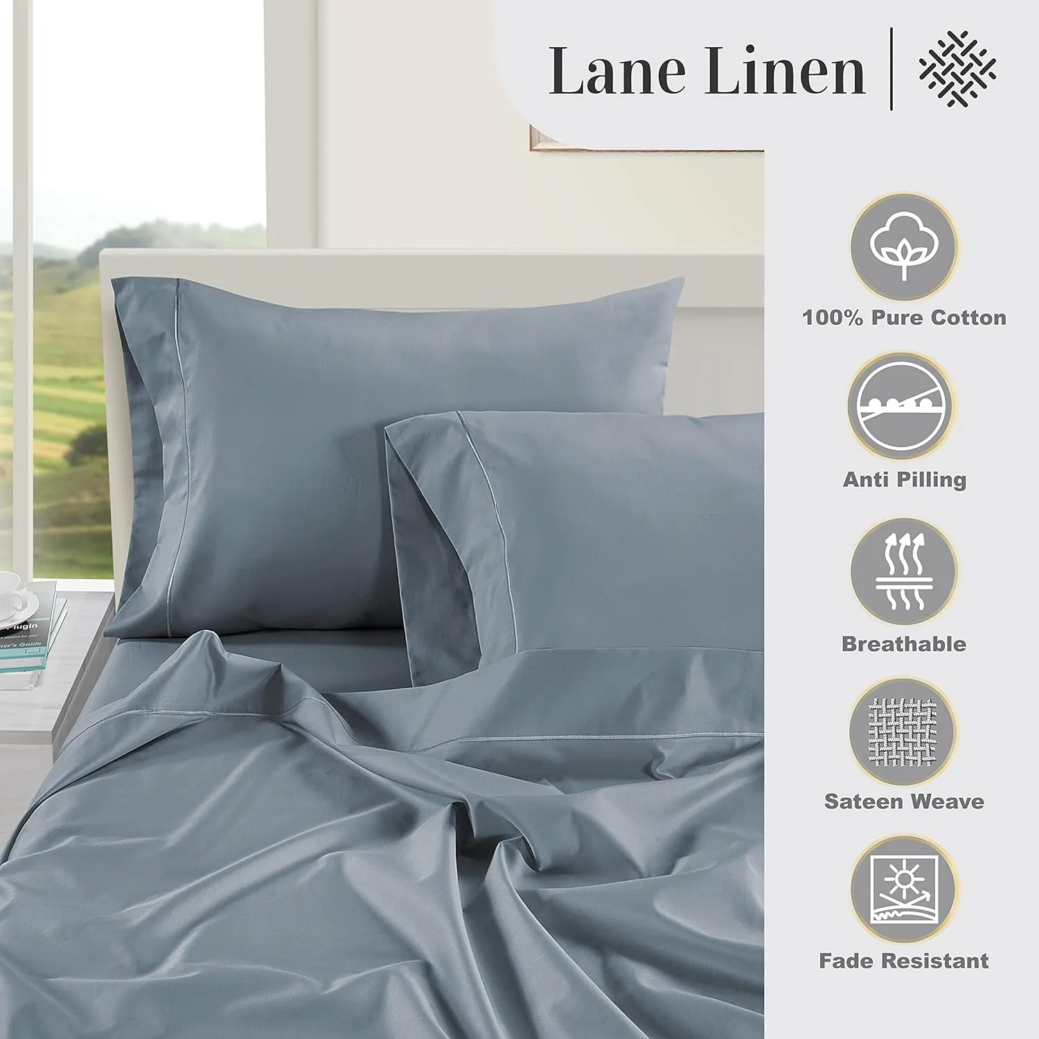 LANE LINEN 100% Egyptian Cotton Ultra Soft Queen Size Sheets Set, Mercerized Silky Sateen Weave, Fully Elasticized Fitted Sheet with French Seam, Hotel Quality Thick Luxury Bed Sheets –French Blue
