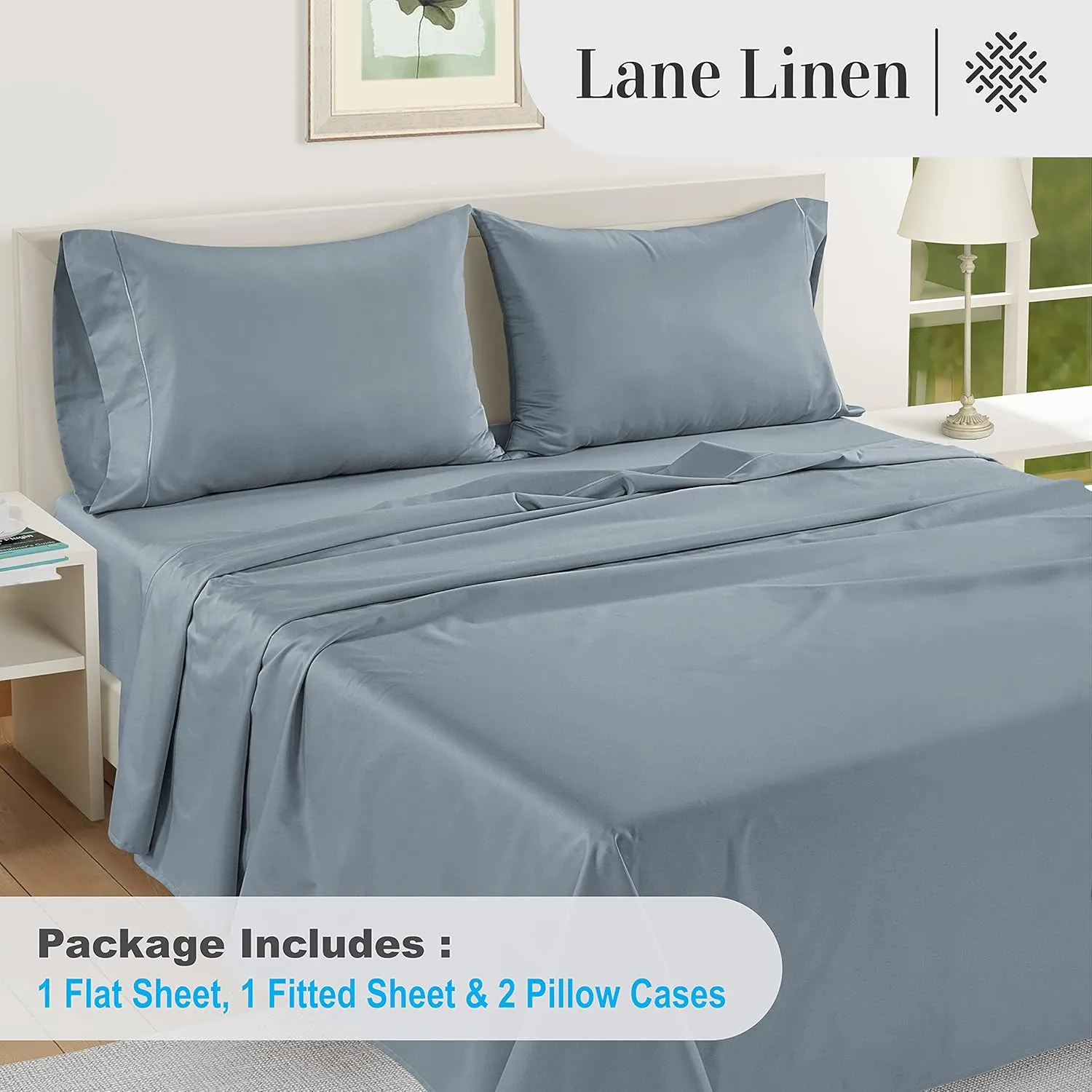LANE LINEN 100% Egyptian Cotton Ultra Soft Queen Size Sheets Set, Mercerized Silky Sateen Weave, Fully Elasticized Fitted Sheet with French Seam, Hotel Quality Thick Luxury Bed Sheets –French Blue