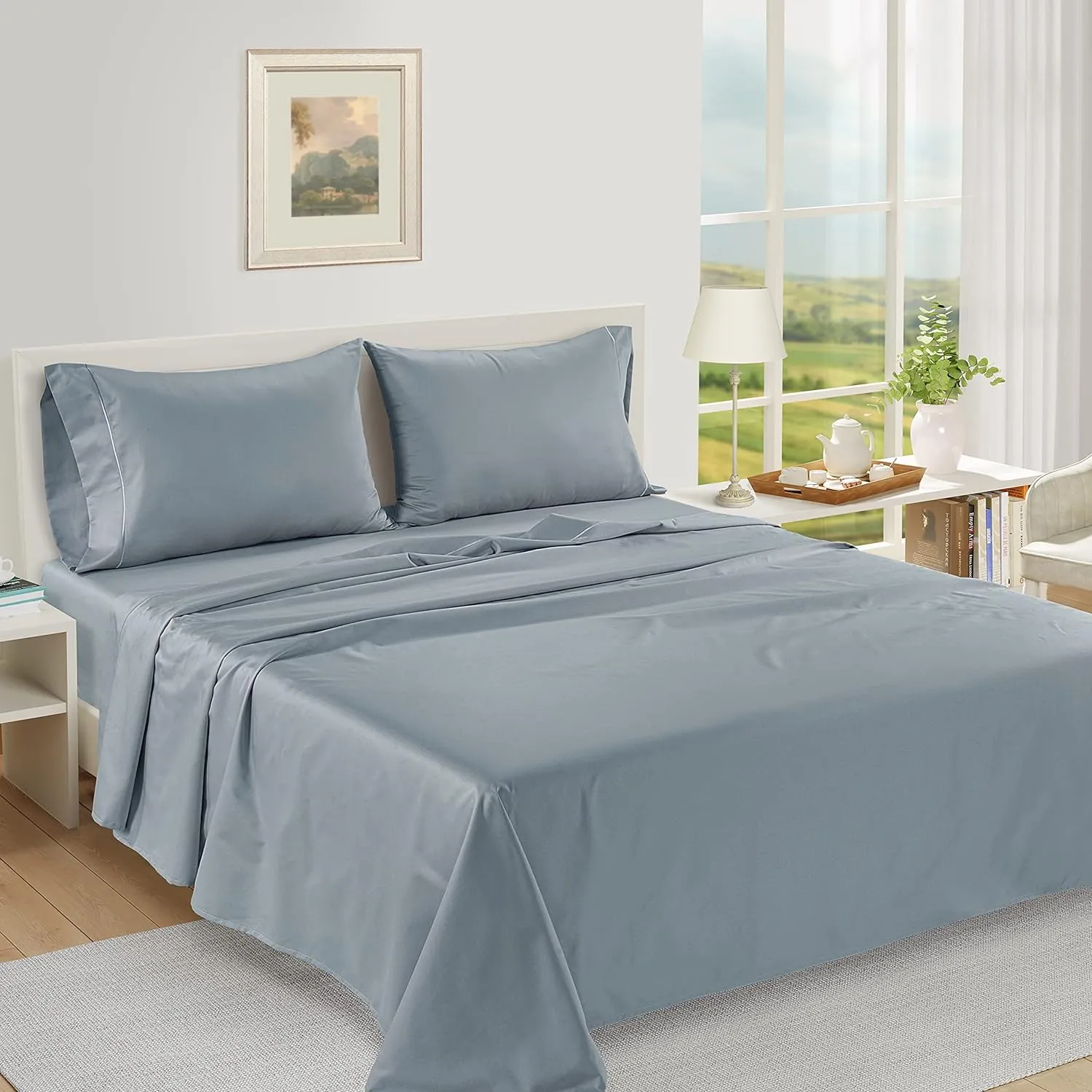 LANE LINEN 100% Egyptian Cotton Ultra Soft Queen Size Sheets Set, Mercerized Silky Sateen Weave, Fully Elasticized Fitted Sheet with French Seam, Hotel Quality Thick Luxury Bed Sheets –French Blue