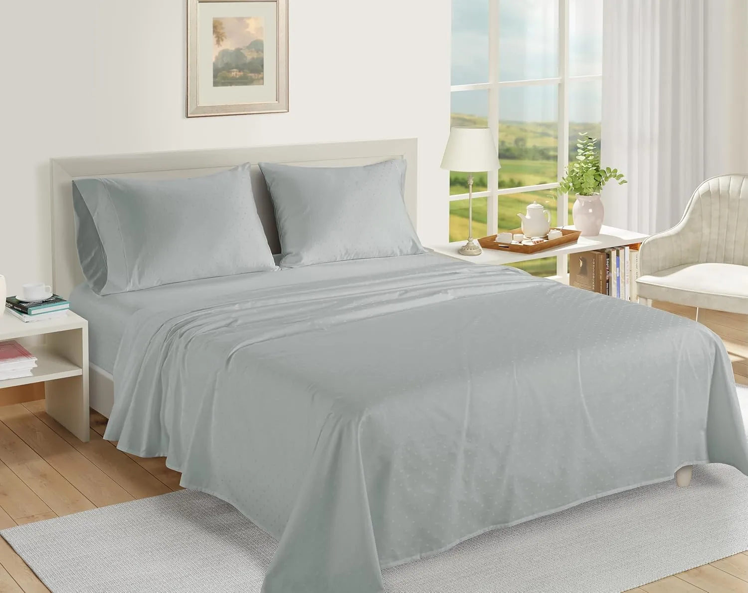 LANE LINEN 1000 TC 100% Egyptian Mercerized Cotton Twin Bed Sheet Set, Eco Friendly No Pill Fade Resistant 16 inch Deep Pocket Twin Sheet Sets Elegant Jaquard Swiss Dot - Mineral