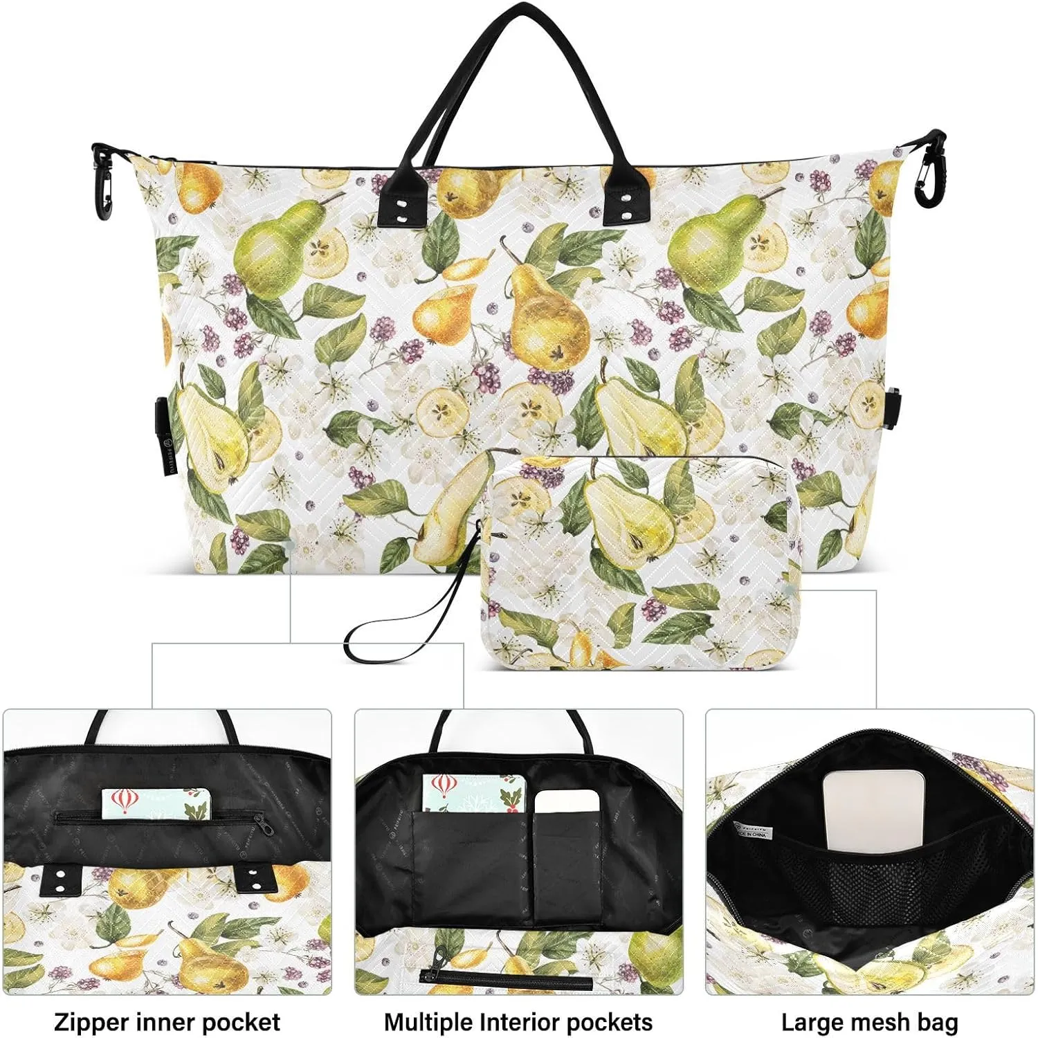 Large Bag Black Berries Pear Flower Contemporary Carry On Weekend Bag with Adjustable Strap Gym Tote Bag for Airplane Traveling Gym Multifunctional