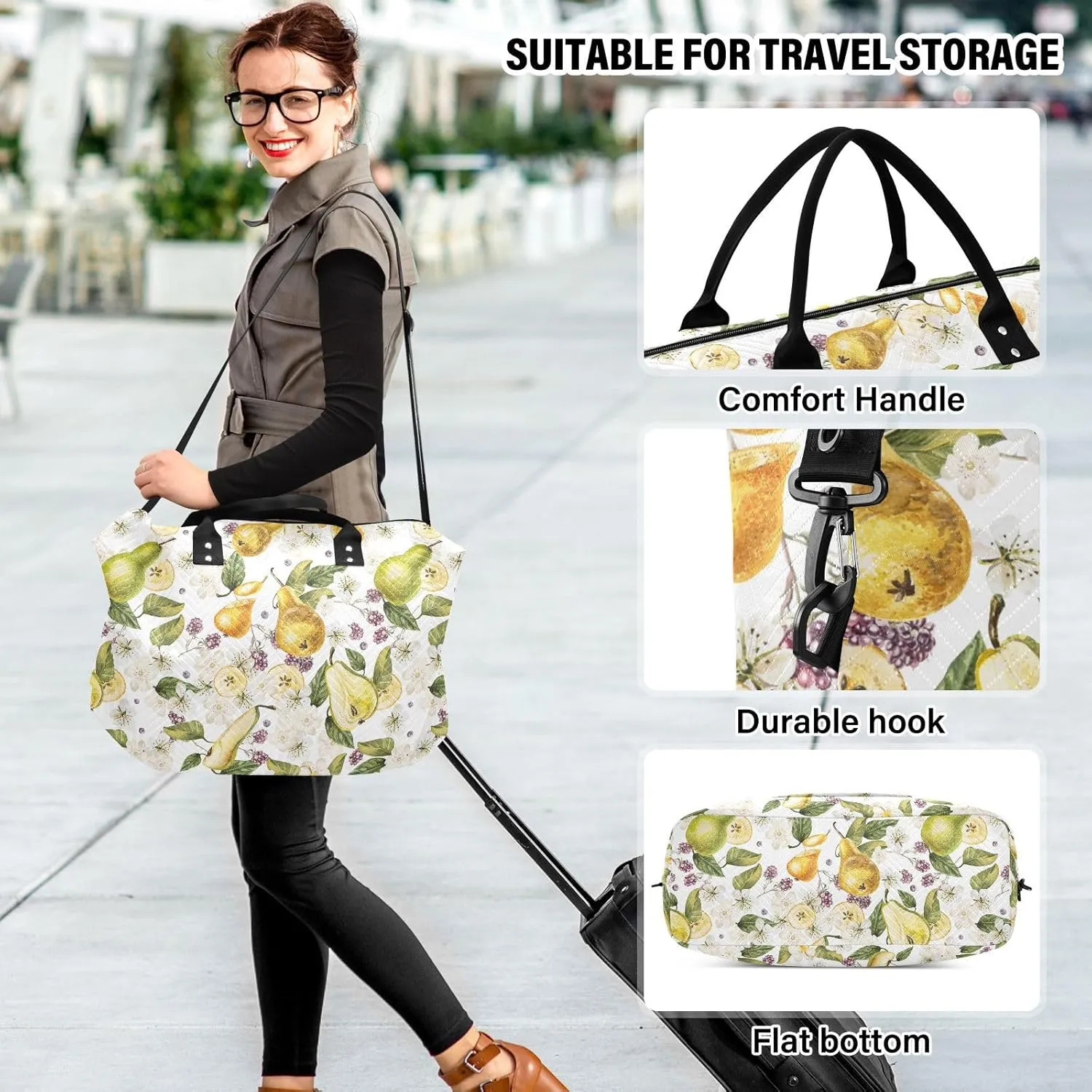 Large Bag Black Berries Pear Flower Contemporary Carry On Weekend Bag with Adjustable Strap Gym Tote Bag for Airplane Traveling Gym Multifunctional
