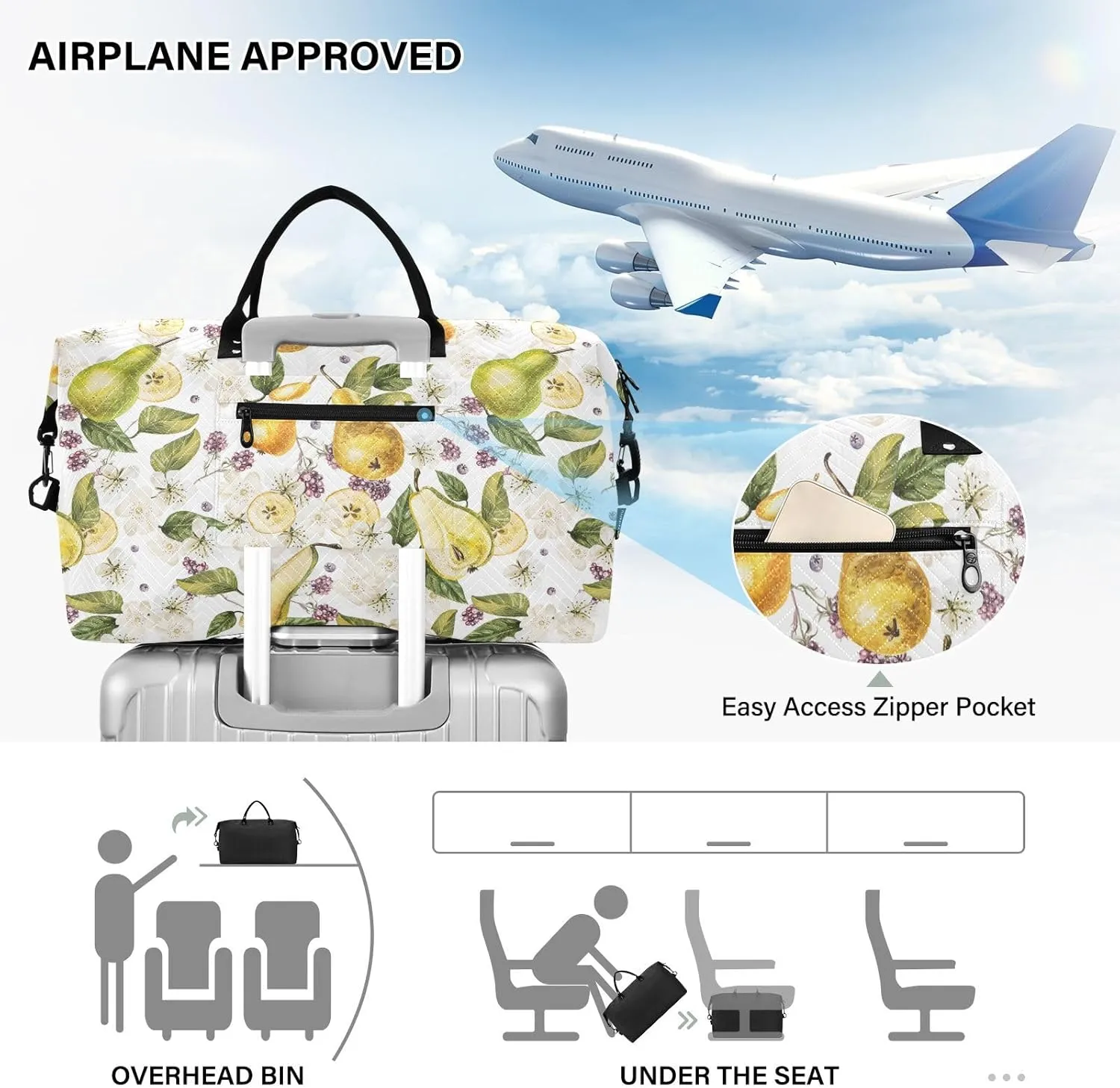 Large Bag Black Berries Pear Flower Contemporary Carry On Weekend Bag with Adjustable Strap Gym Tote Bag for Airplane Traveling Gym Multifunctional