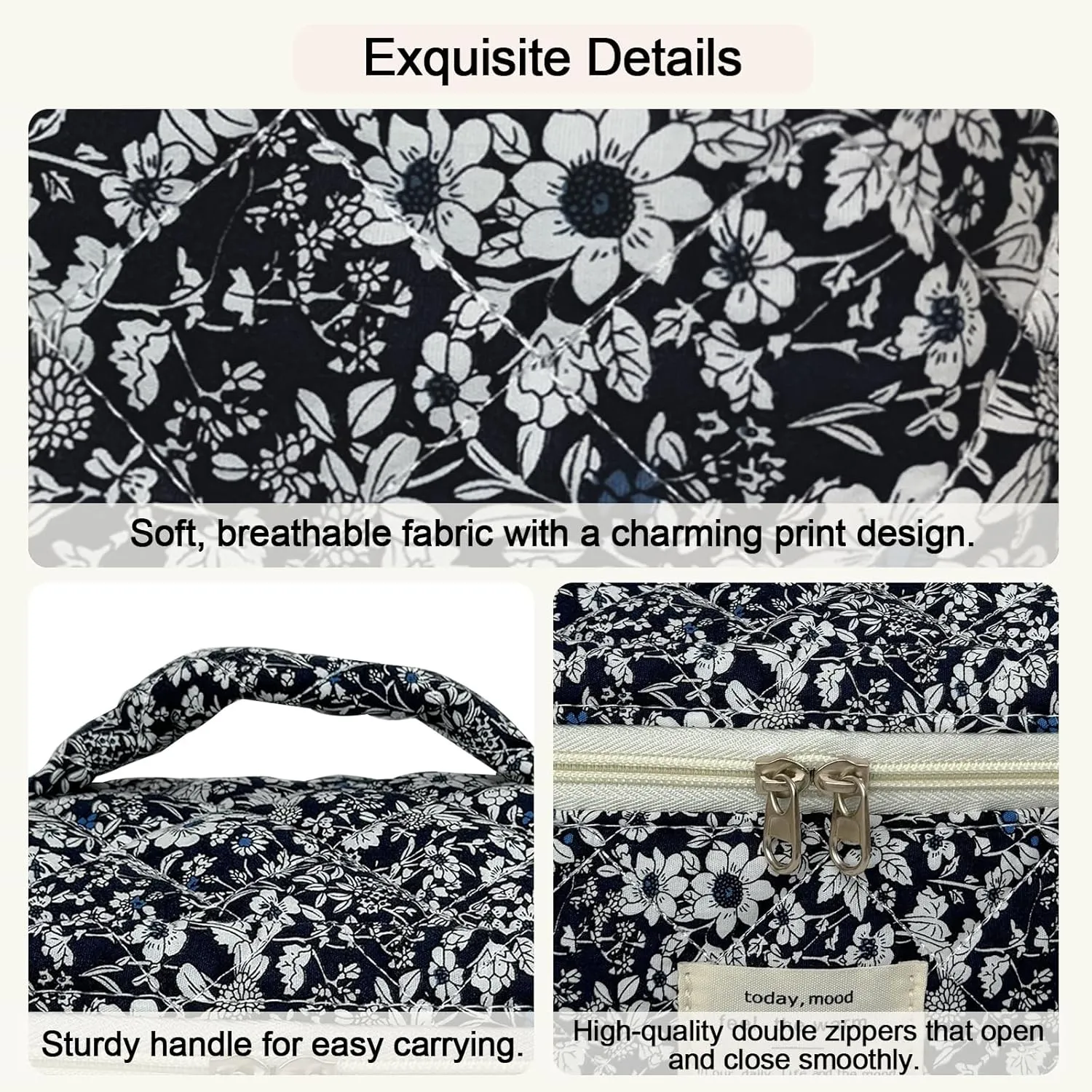 Large Travel Quilted Makeup Bag for Women, Floral Cotton Cosmetic Bag Cute Coquette Aesthetic Floral Toiletry Organizer Bag for Girls Little Black Rose Cosmetic Zipper Storage Bag
