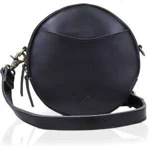 Leather Crossbody Bags for Women Trendy Circle Cross Body Shoulder Bag Designer Round Purses (Black)