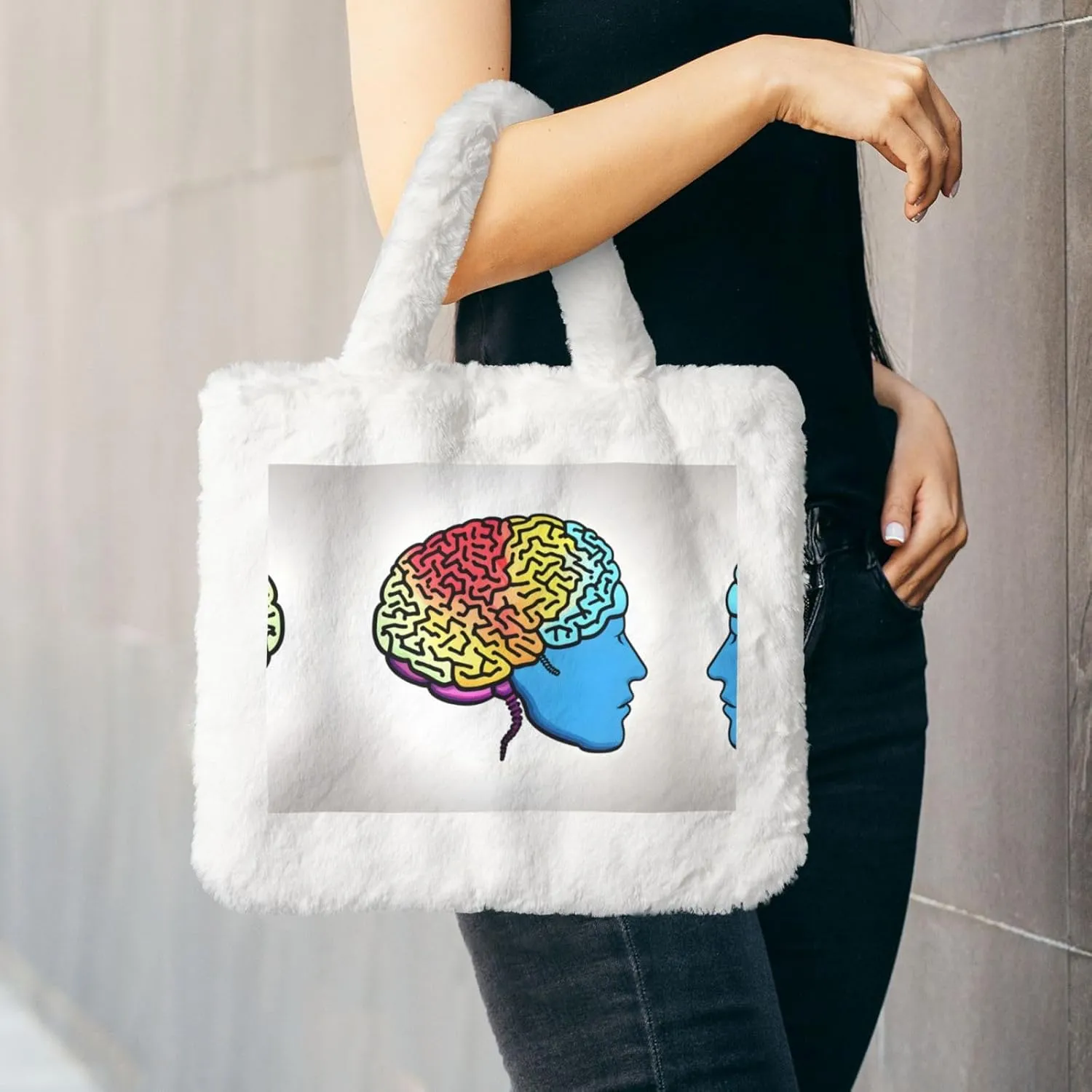 Left And Right Brain Printing Fluffy Shoulder Bag Ladies Plush Underarm Bag Tote Bag Furry Purse Handbag For Work Travel