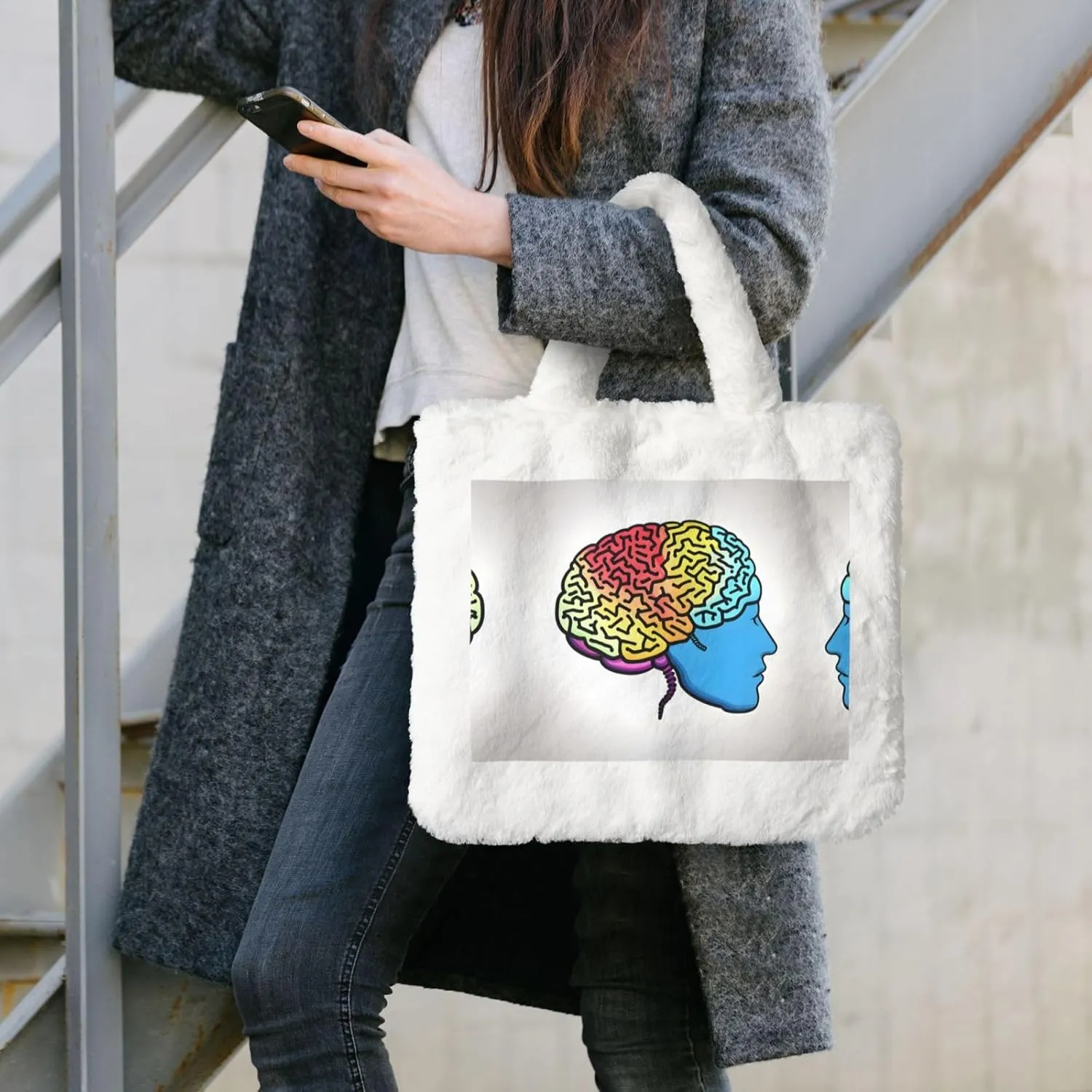 Left And Right Brain Printing Fluffy Shoulder Bag Ladies Plush Underarm Bag Tote Bag Furry Purse Handbag For Work Travel