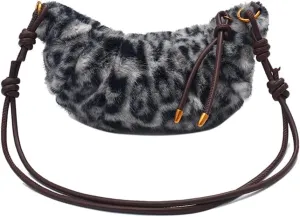 Leopard Fluffy Sling Dumpling Bag Cheetah Print Fuzzy Furry Shoulder Crossbody Crescent Bag Leopard Plush Horn Bag