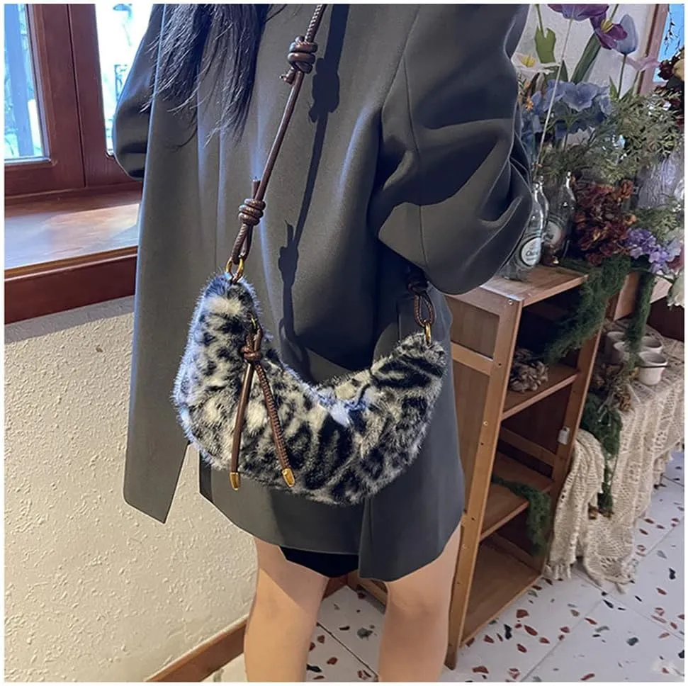 Leopard Fluffy Sling Dumpling Bag Cheetah Print Fuzzy Furry Shoulder Crossbody Crescent Bag Leopard Plush Horn Bag