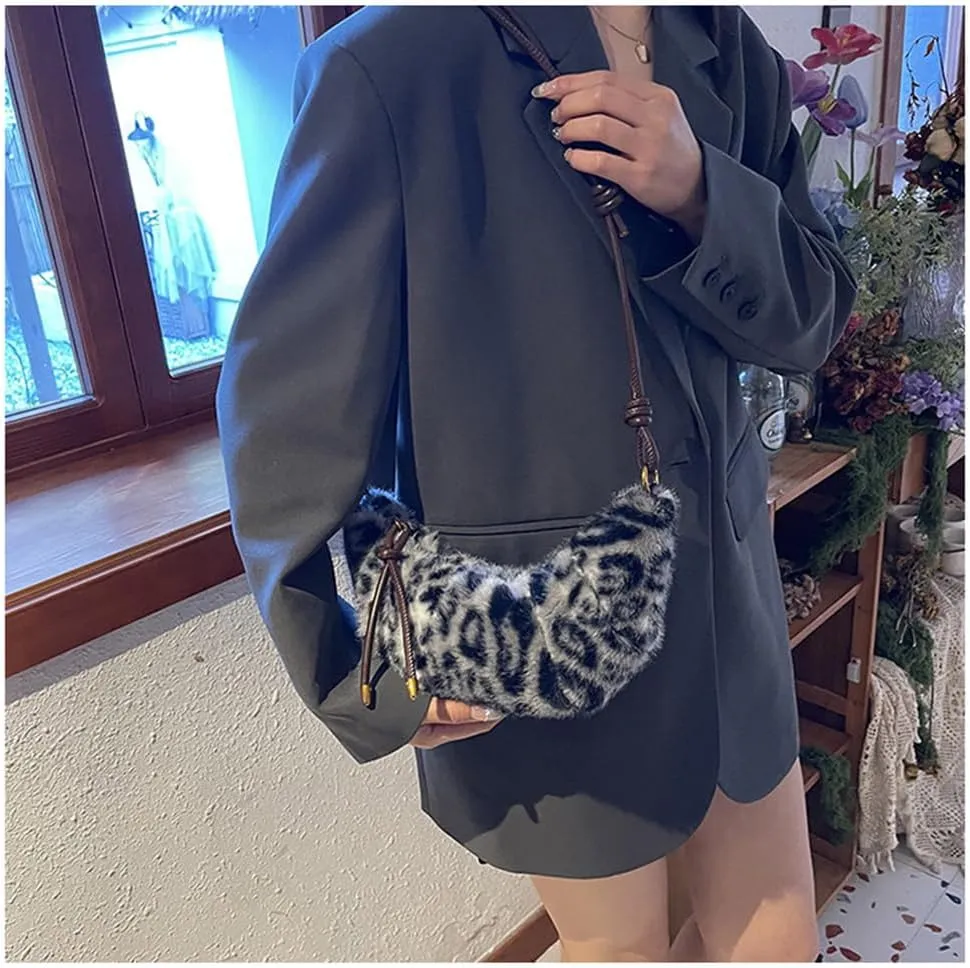 Leopard Fluffy Sling Dumpling Bag Cheetah Print Fuzzy Furry Shoulder Crossbody Crescent Bag Leopard Plush Horn Bag