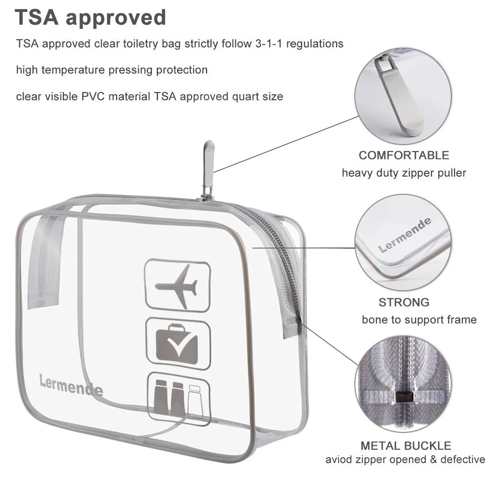 Lermende 2pcs Clear Toiletry Bag TSA Approved Travel Bag,Carry On for Travel,Airport Airline Accessories Compliant Bag,Quart Sized Makeup Cosmetic bag Women Men (Gray, 2 Pack)