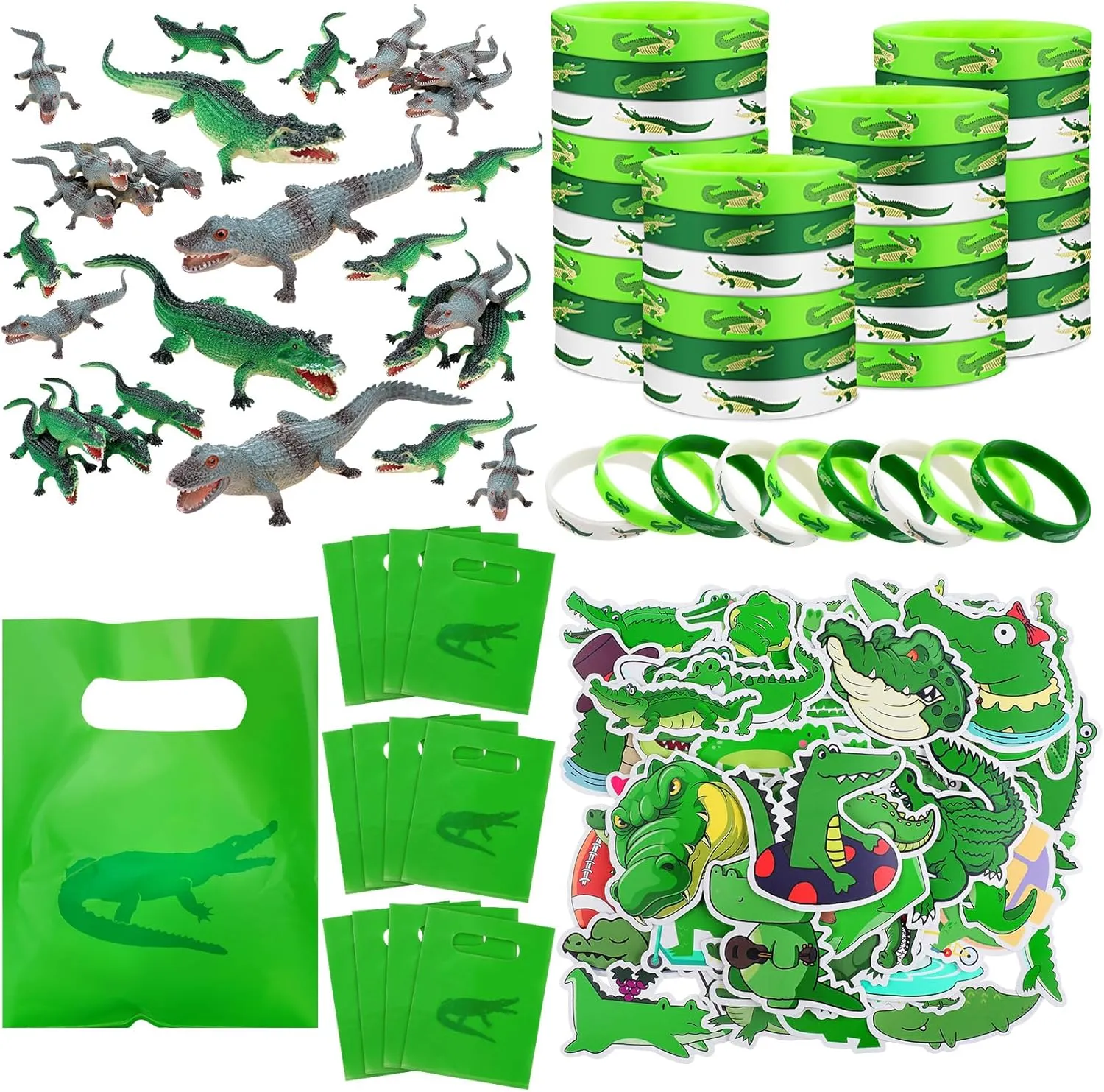 Leyndo 122 Pcs Crocodile Party Favors Gift Set Alligator Reptile Decorations Crocodile Silicone Wristbands Bracelet Stickers Toy Bag Gifts for Reptile Birthday Party Supplies